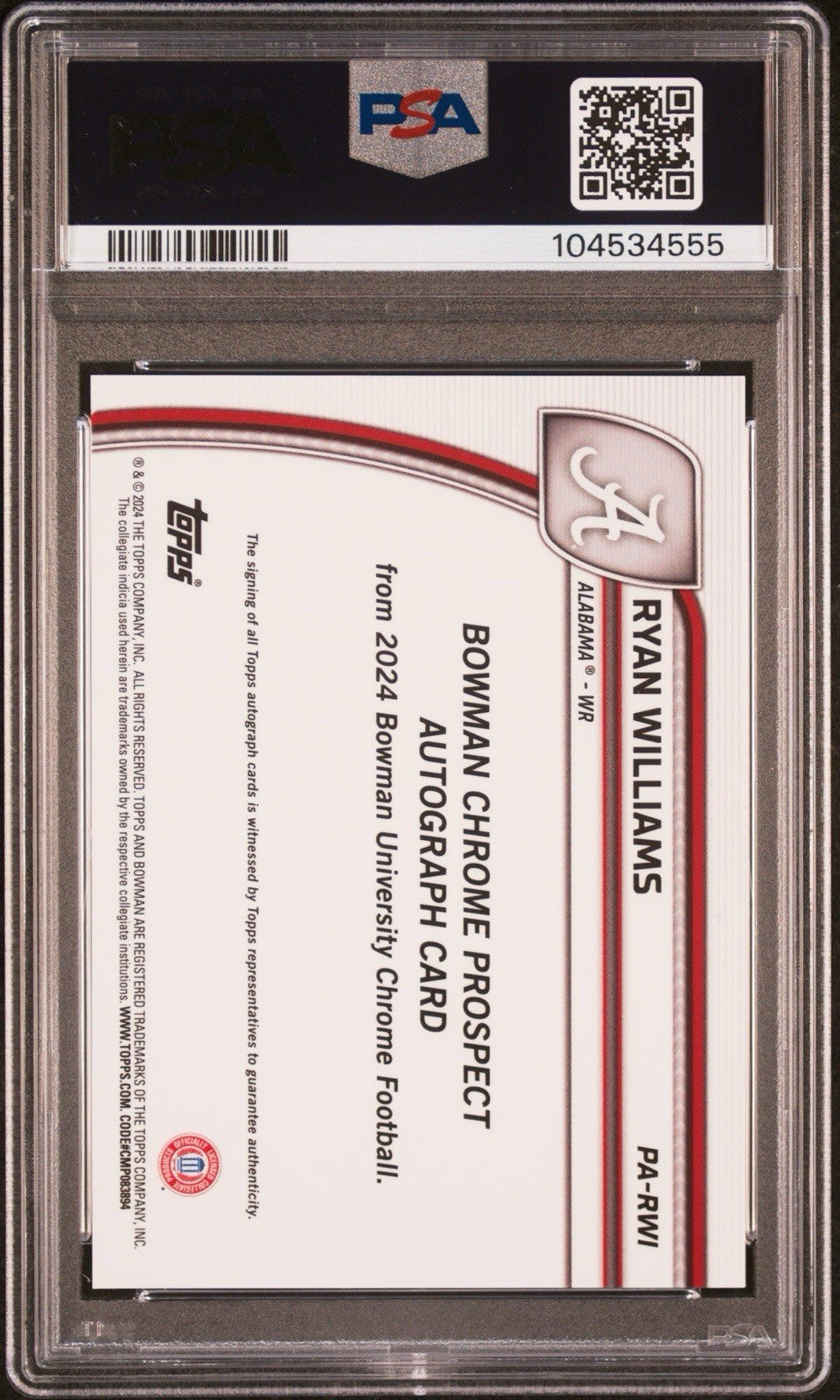 2024 Bowman Chrome -  Ryan Williams - Fuschia 1st Auto /150 - PSA 10 - GEM MINT
