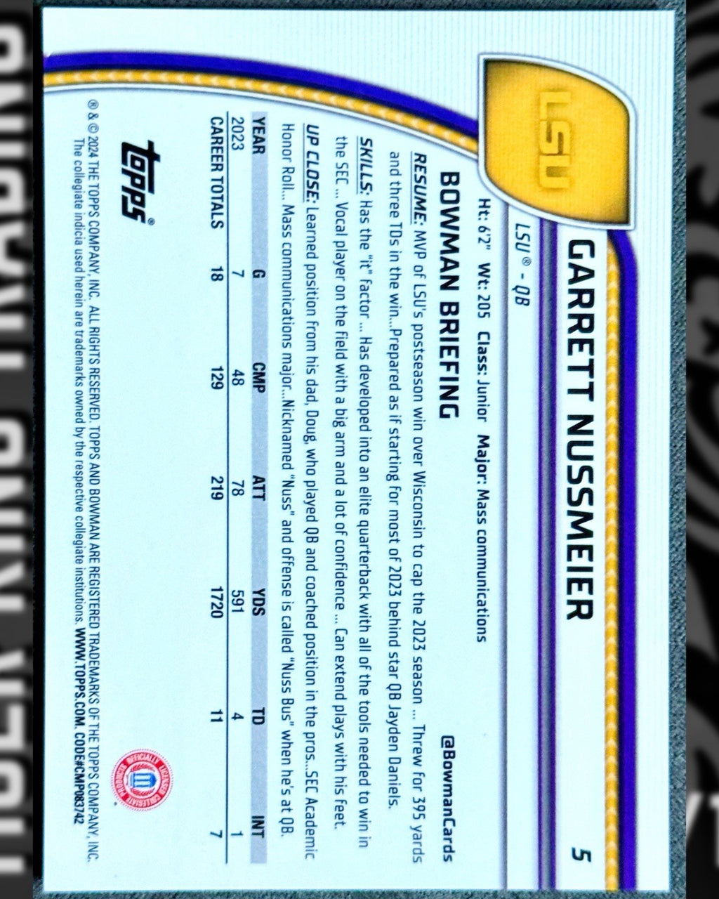 2024 Bowman Sapphire - Garrett Nussmeier - Black Refractor /10 - PSA 8