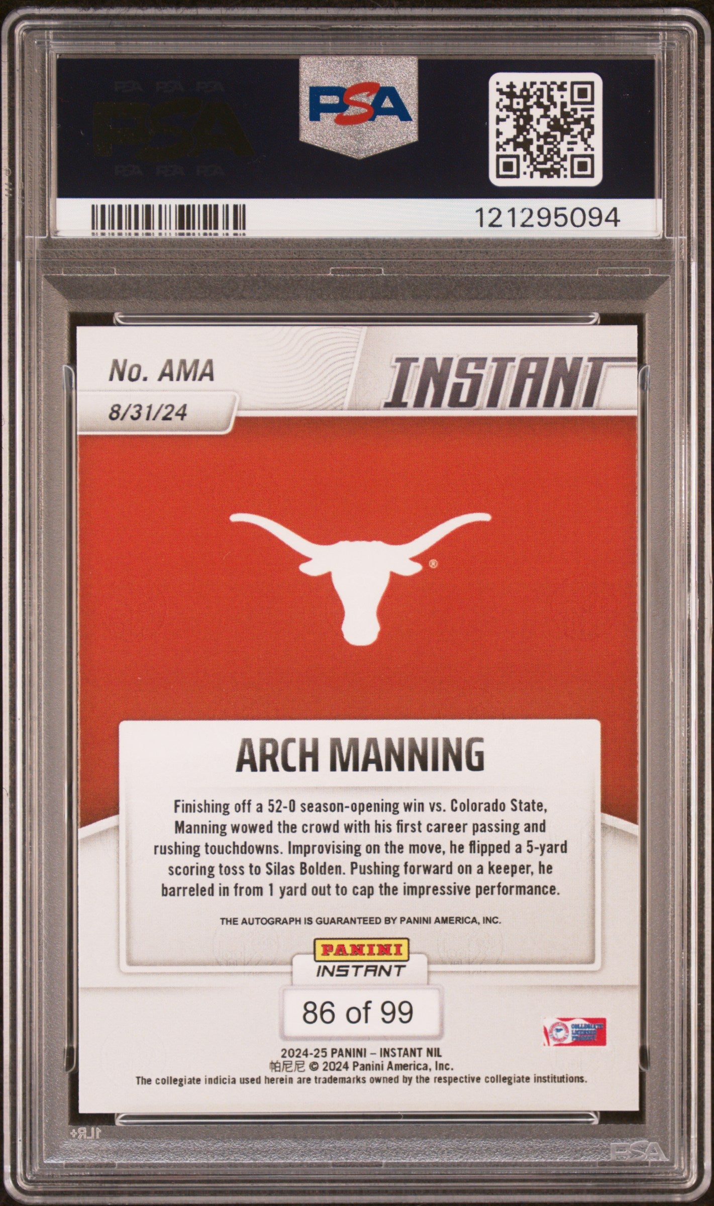2024 Instant NIL - Arch Manning - Auto /99 -  #AMA -  PSA 9 Auto 7