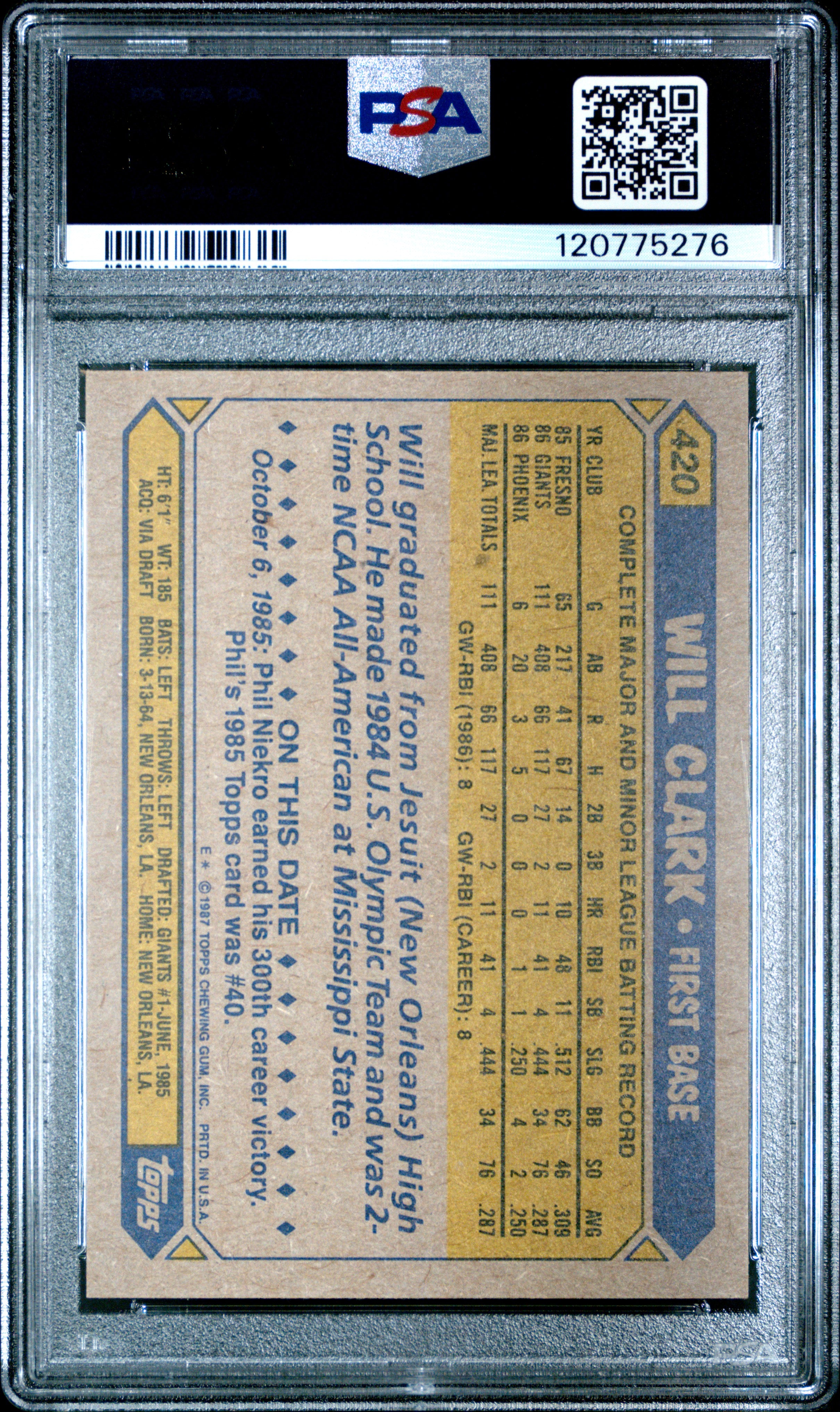 1987 Topps - Will Clark - #420 - PSA 9