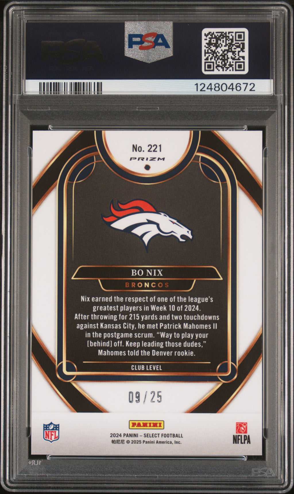 2024 Select - Bo Nix - Tie Dye Prizm 9/25 - RC - Rookie - #221 - PSA 9