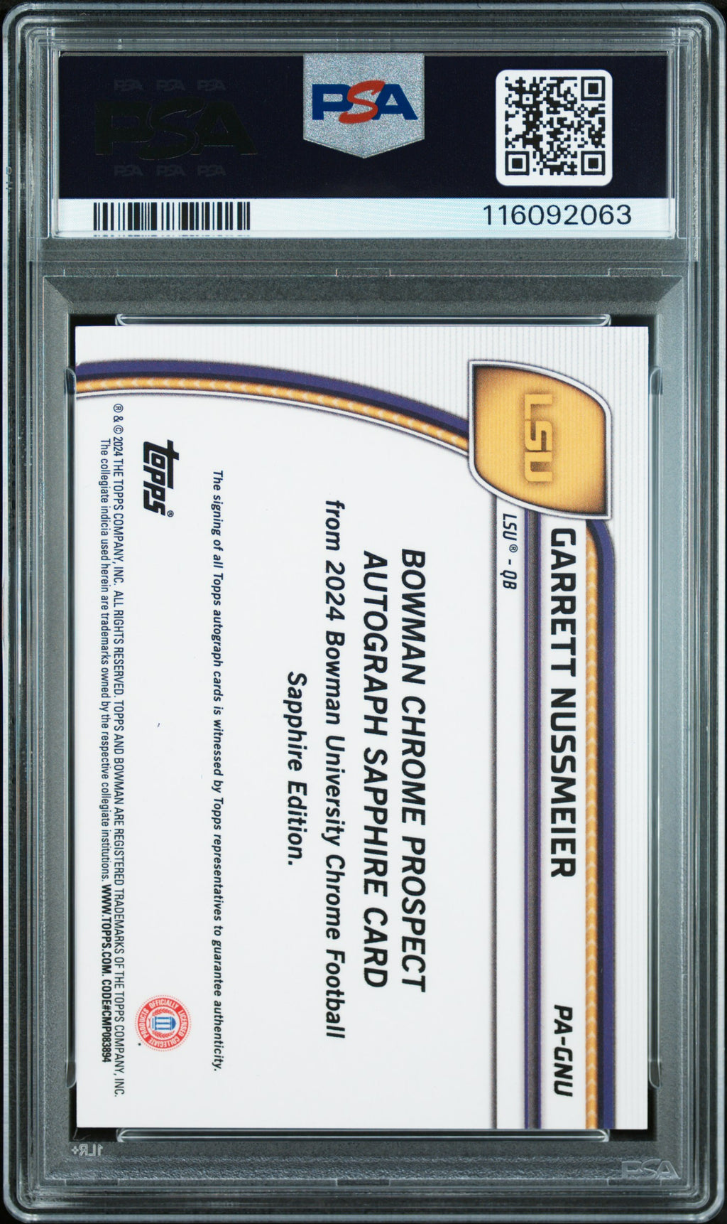 2024 Bowman Sapphire - Garrett Nussmeier - Black Refractor Auto /10 - PSA 9