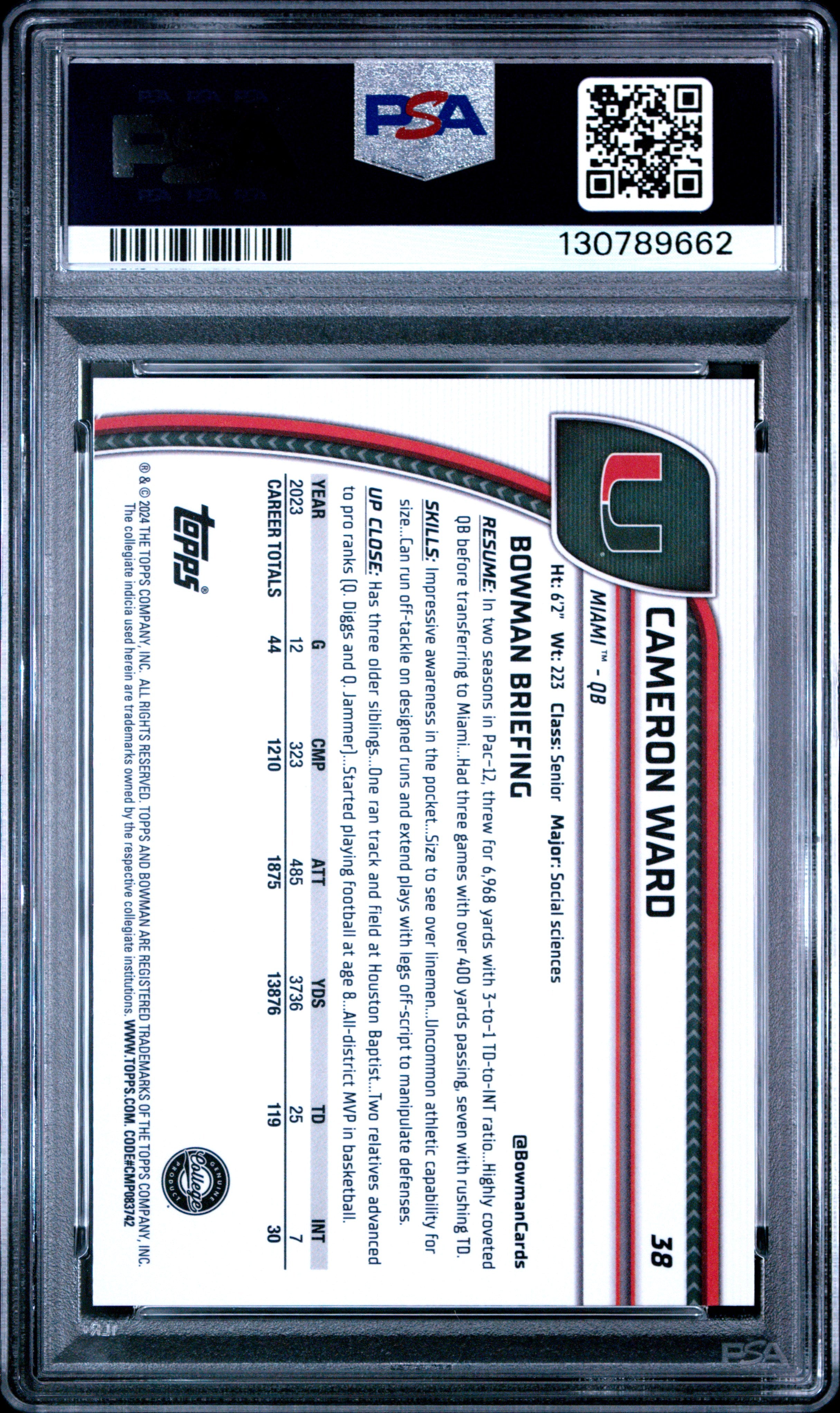 2024 Bowman Sapphire - Cameron Ward - Yellow Refractor /75 #38 - PSA 10 GEM MINT