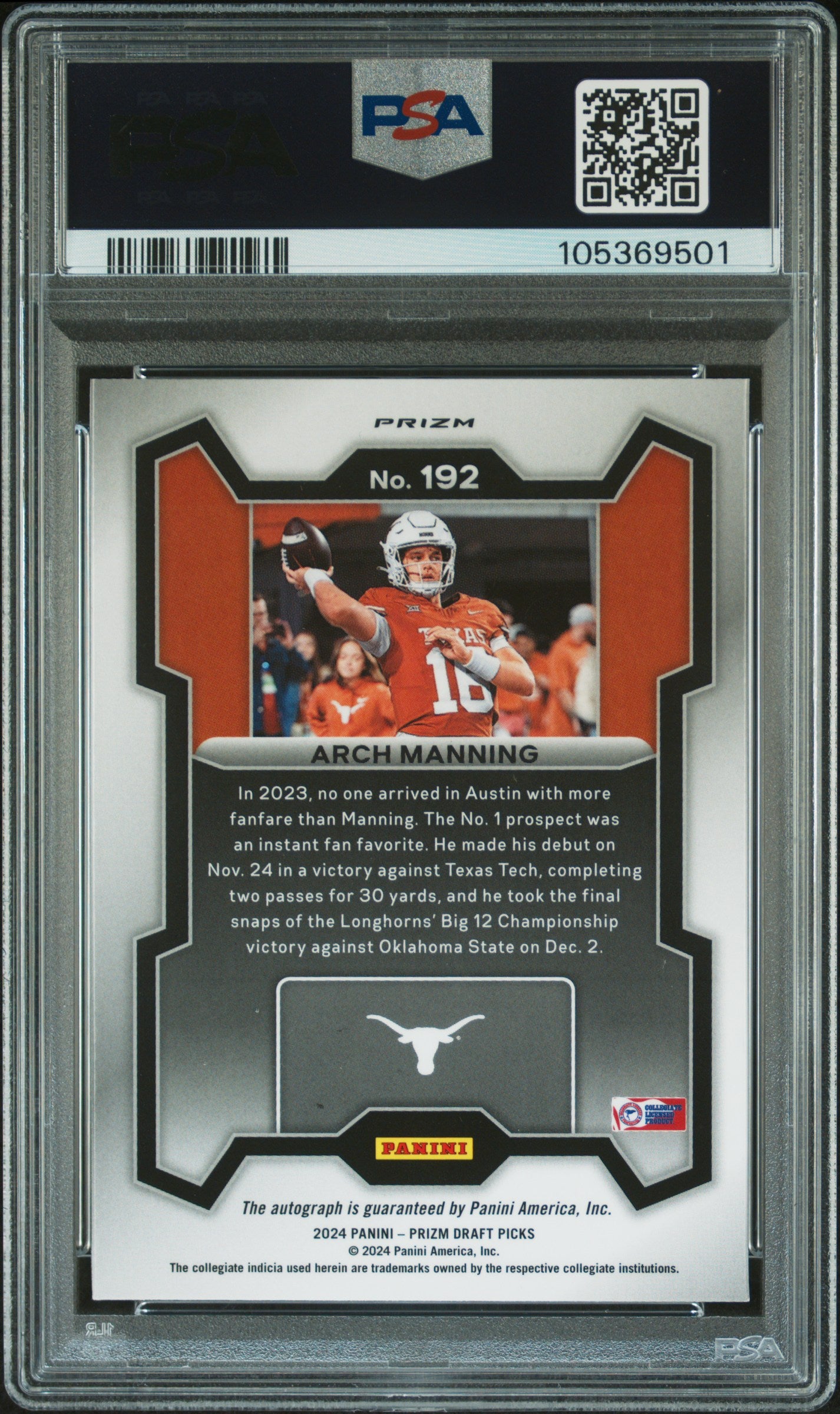 2024  Prizm Draft Picks - Arch Manning - Silver Auto #192 - PSA 10 GEM MINT