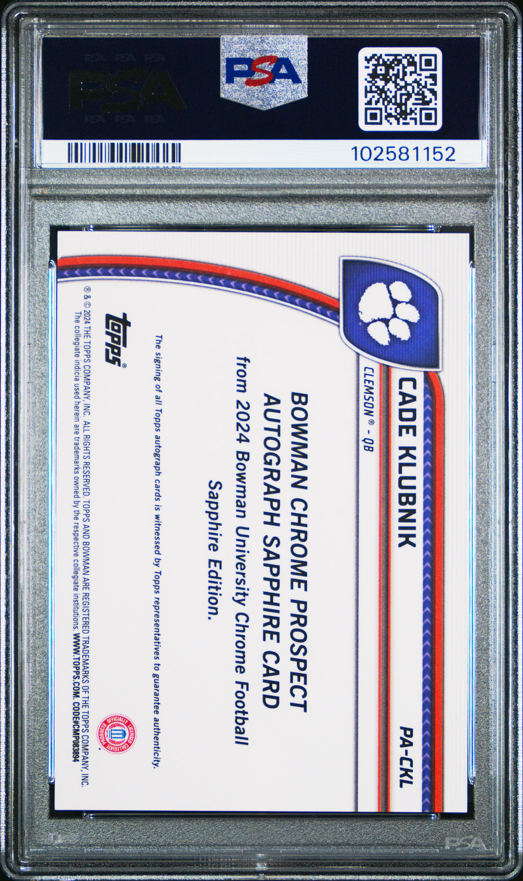 2024 Bowman Sapphire - Cade Klubnik - Black Auto 3/10 - PSA 10 -GEM Rate-#PACKL