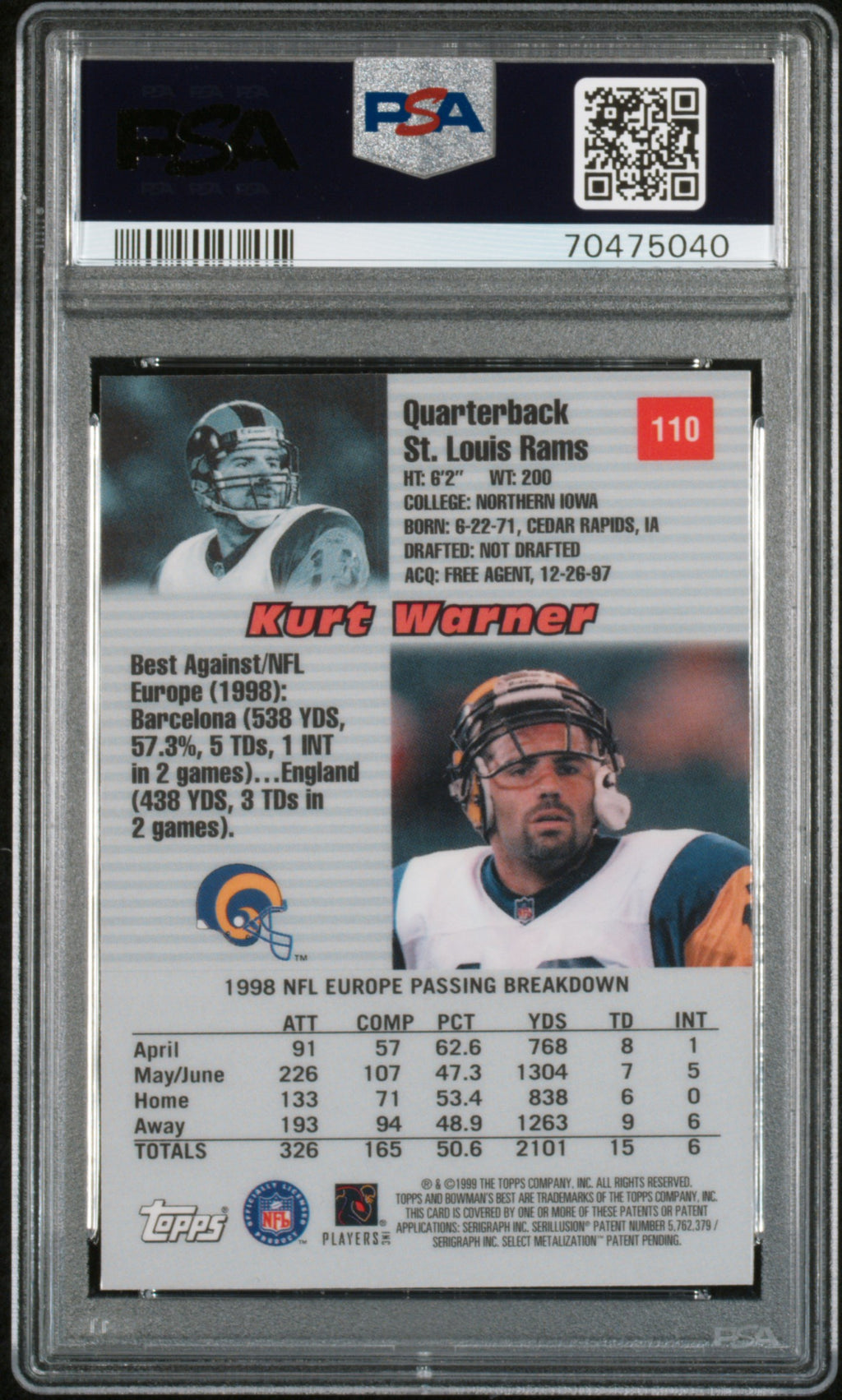 1999 Bowman's Best Kurt Warner Rookie #110 PSA 9