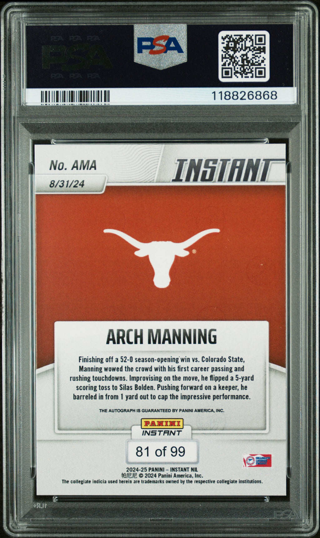 2024 Panini Instant NIL -Arch Manning - Autograph #AMA - PSA 9