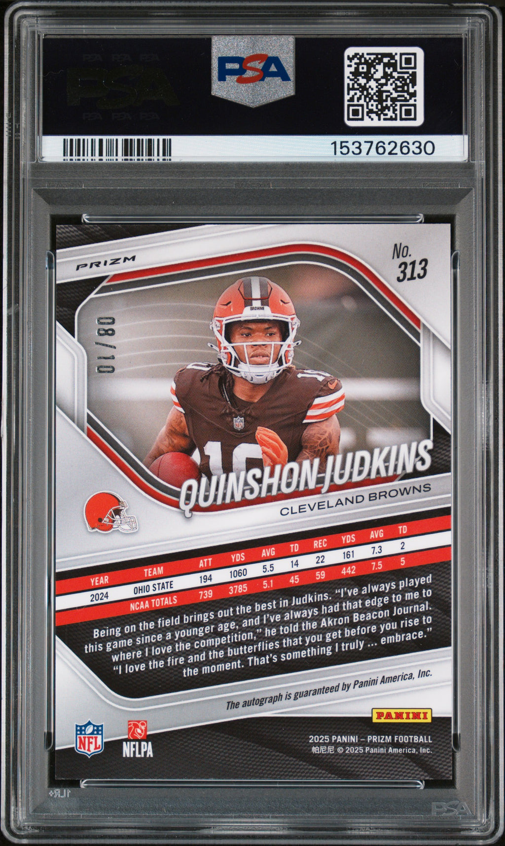 2025 Panini Prizm Quinshon Judkins Autograph Gold 8/10 Rookie #313 PSA 9