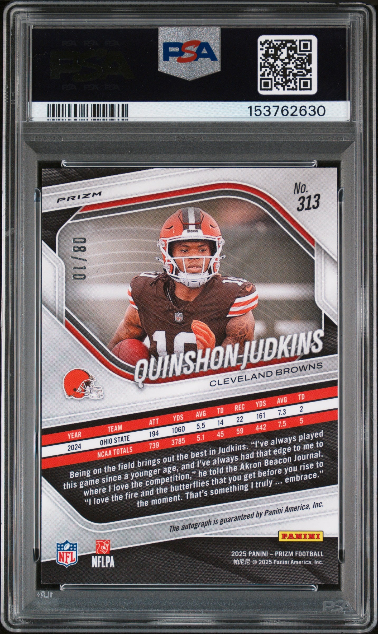 2025 Panini Prizm Quinshon Judkins Autograph Gold 8/10 Rookie #313 PSA 9