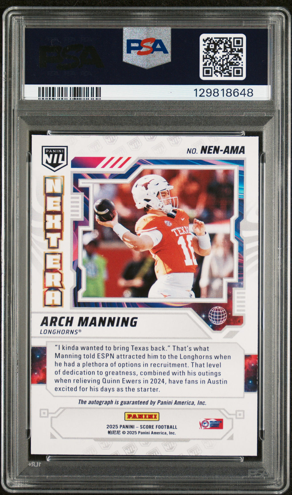2025 Score - Arch Manning - Next Era Nil Auto NXT GRD Zero /25 - PSA 9 Auto 10