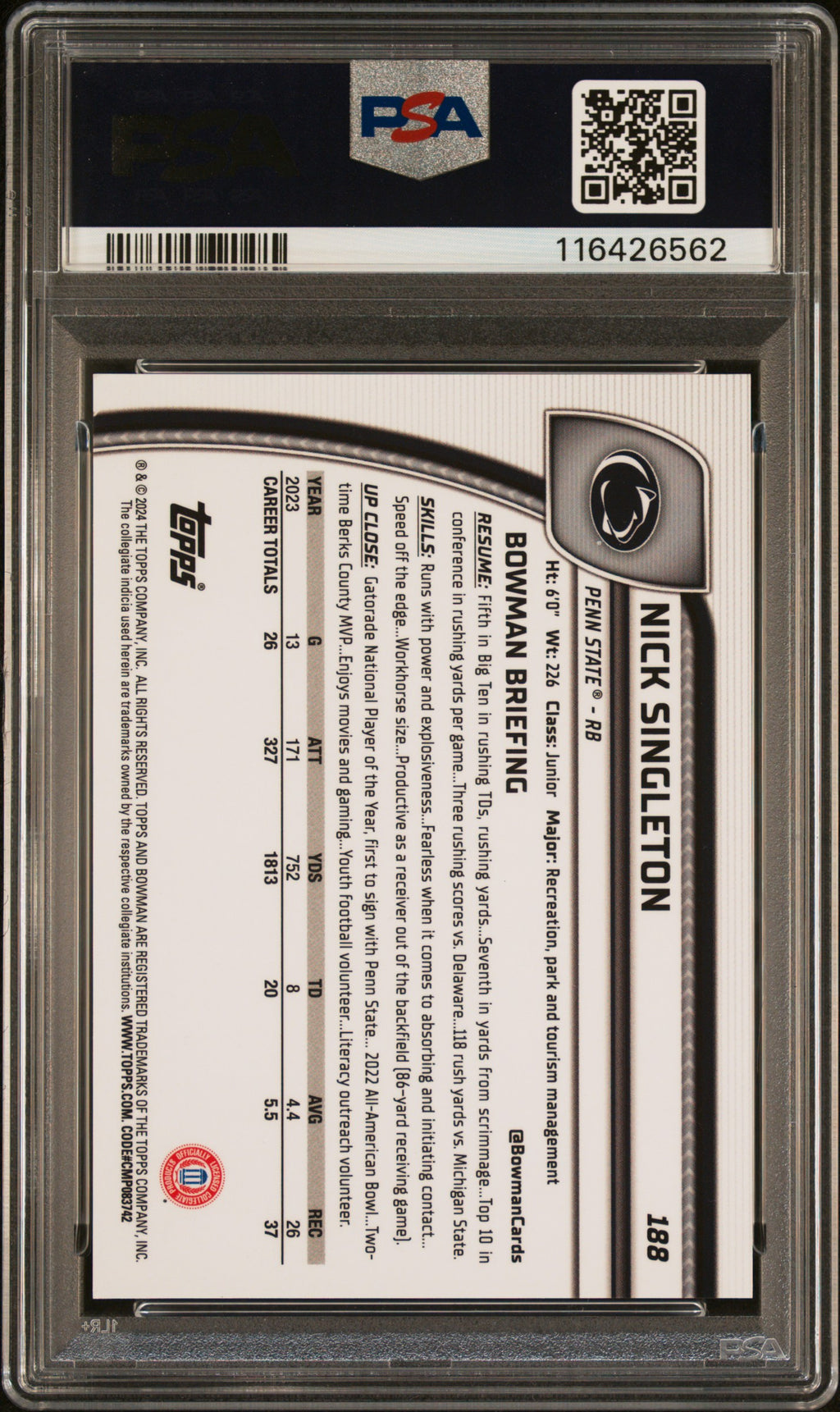 2024 Bowman Chrome - Nick Singleton - Black Refractor /10 - #188 - PSA 9