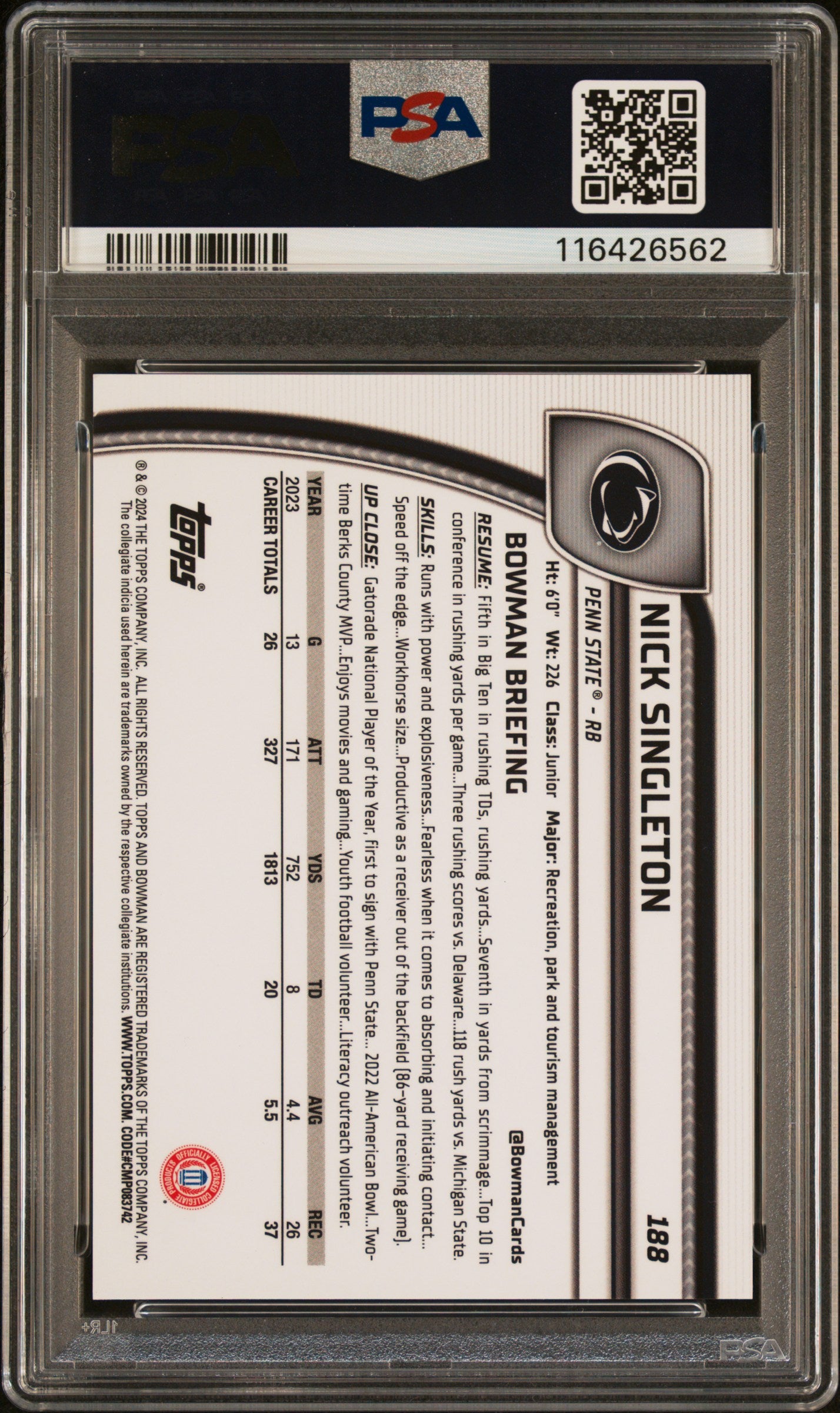 2024 Bowman Chrome - Nick Singleton - Black Refractor /10 - #188 - PSA 9