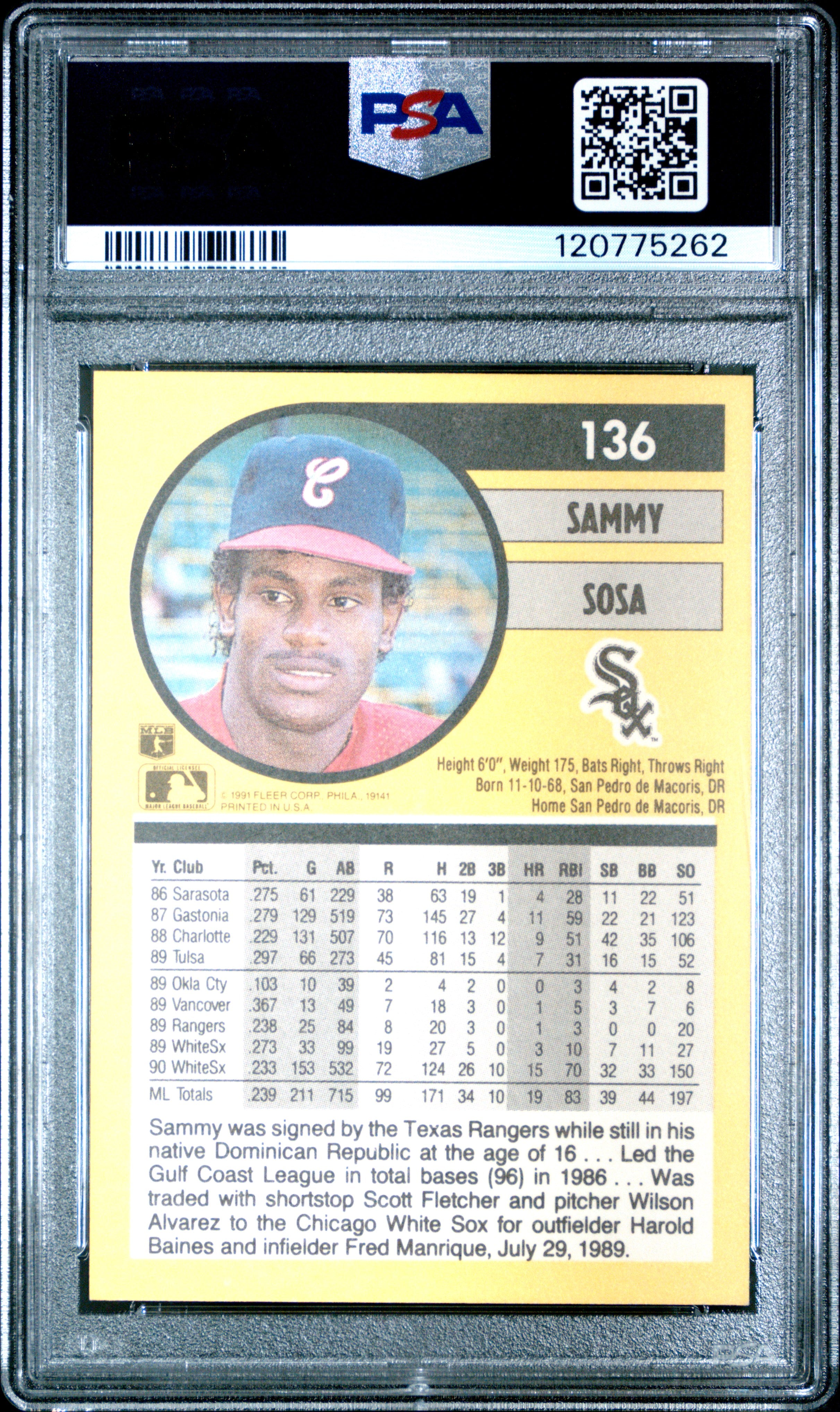 1991 Fleer Sammy Sosa #136 PSA 9