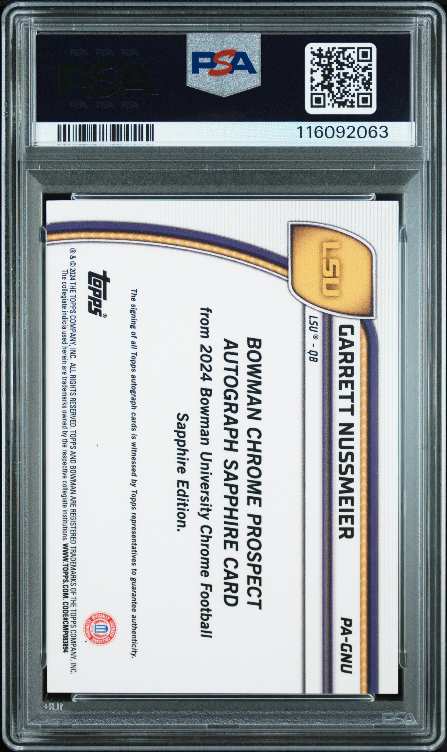 2024 Bowman Sapphire - Garrett Nussmeier - Black Refractor Auto /10 - PSA 9