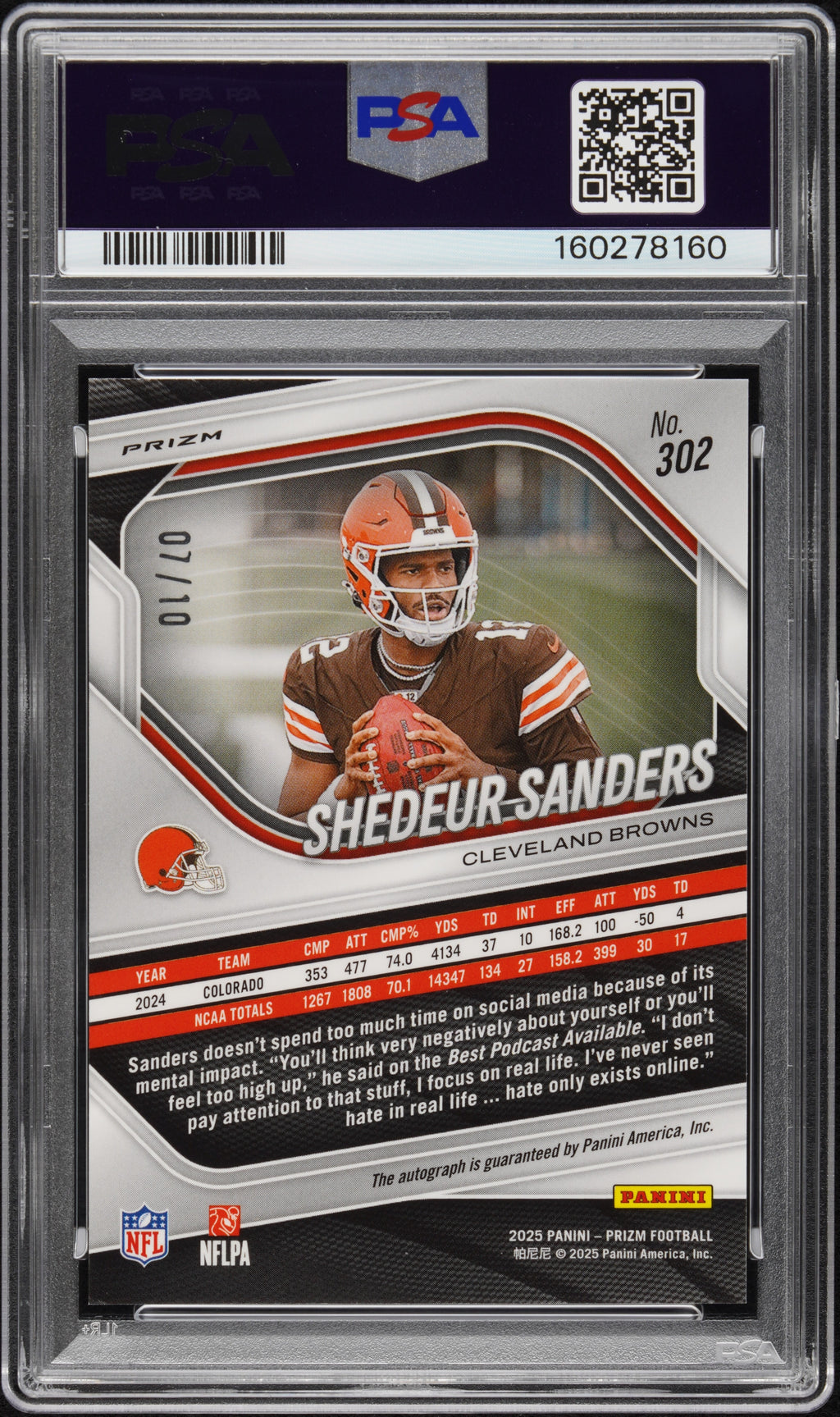 2025 Panini Prizm Shedeur Sanders Autograph No Huddle Gold Rookie #302 PSA 10