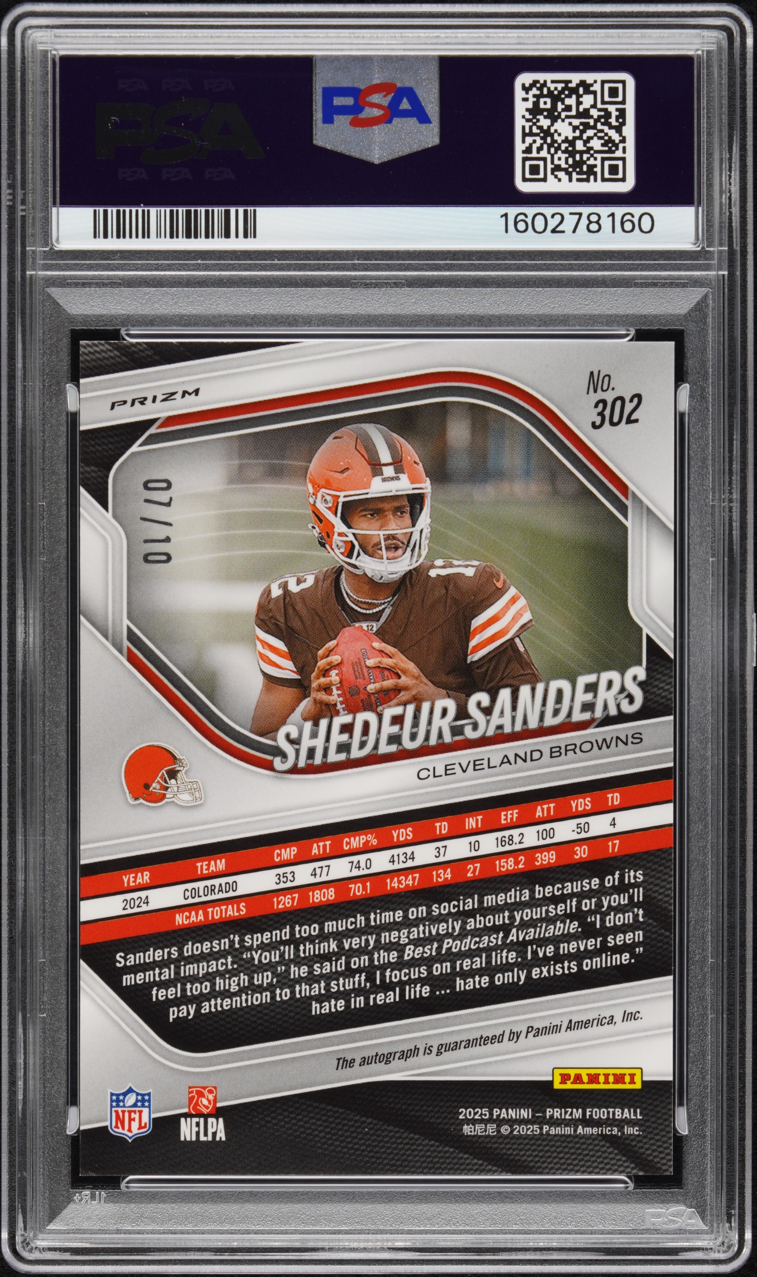 2025 Panini Prizm Shedeur Sanders Autograph No Huddle Gold Rookie #302 PSA 10
