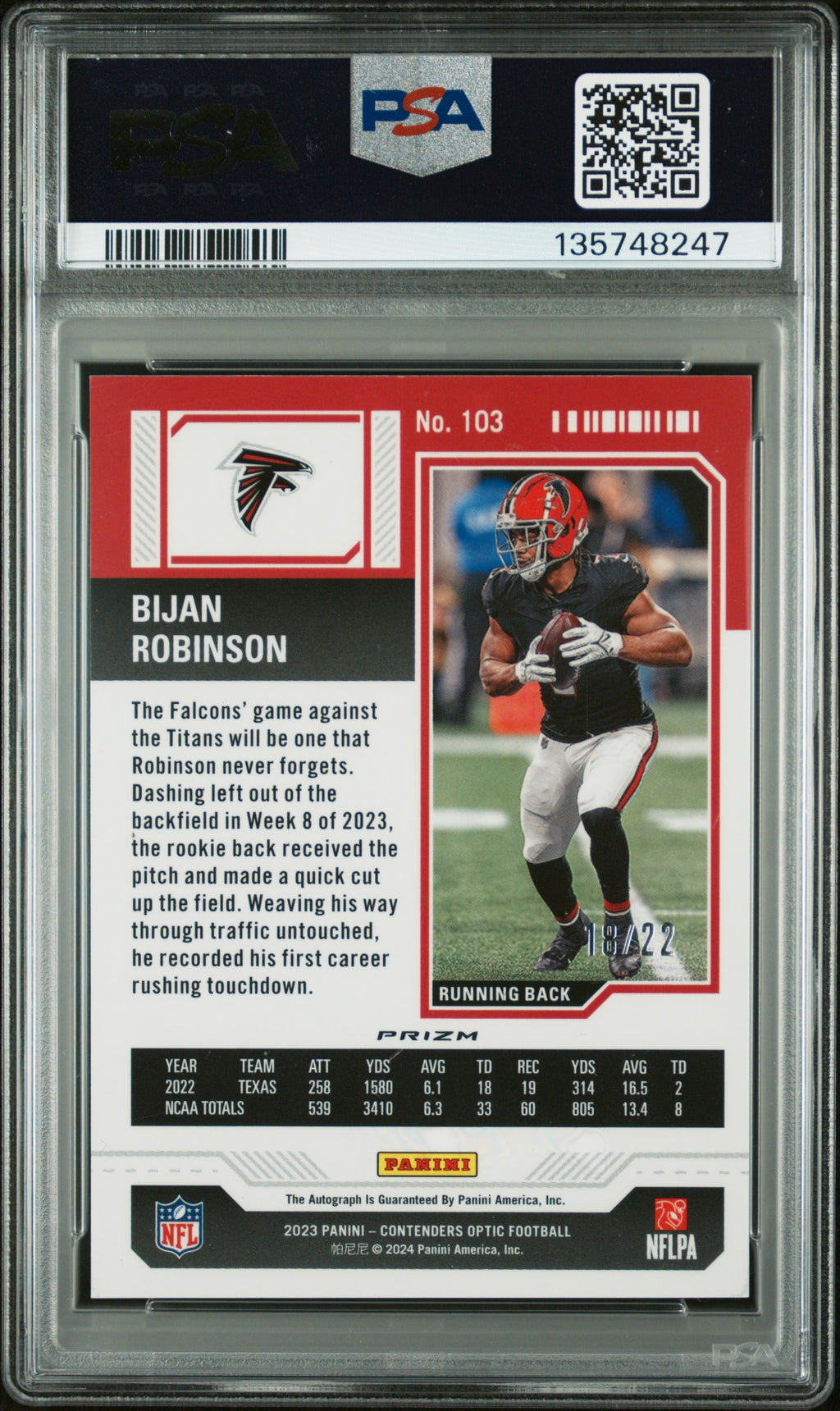 2023 Contenders Optic - Bijan Robinson - Cracked Ice Auto /22 #103-PSA 9 AUTO 10