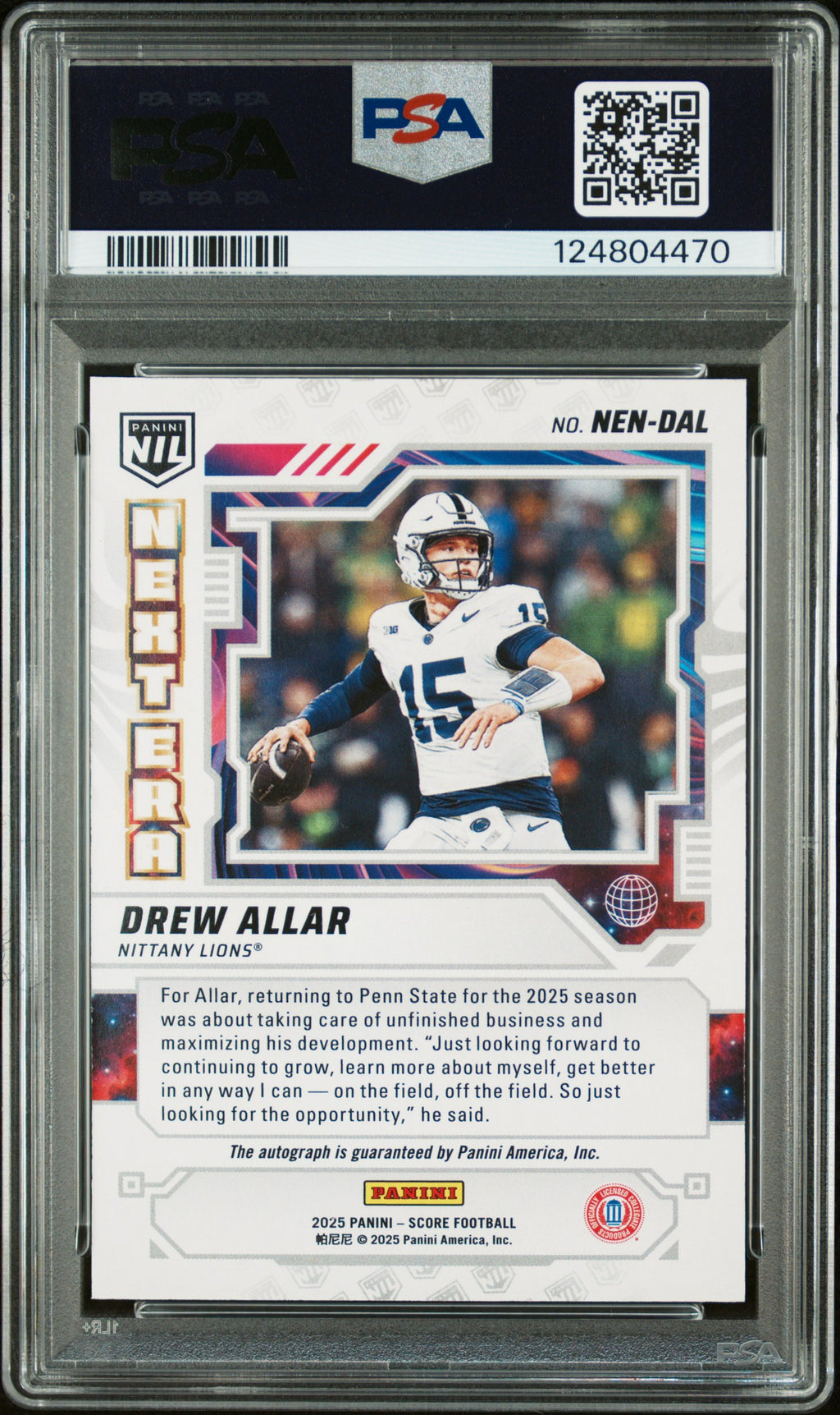 2025 Score - Drew Allar - Next Era NIL Auto Ground Zero /25 - PSA 9 Auto 10