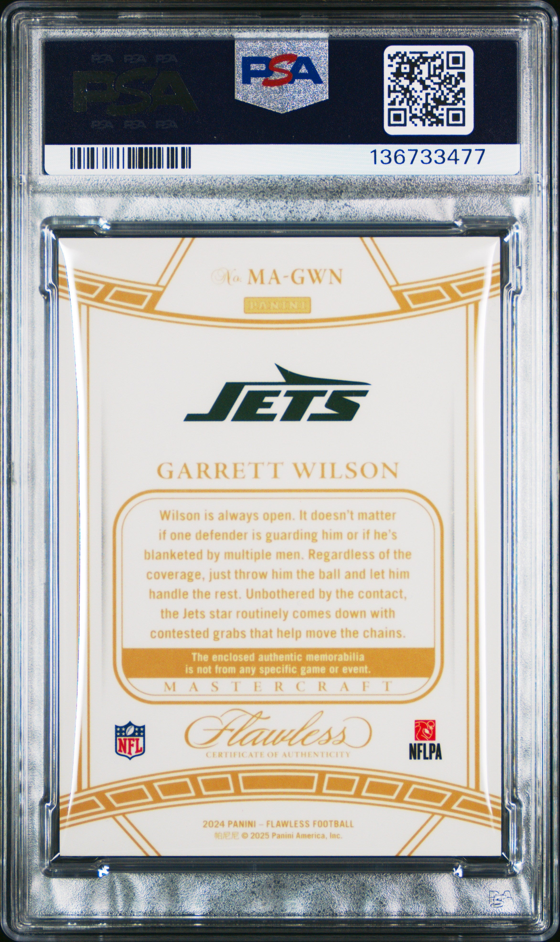 2024 Flawless - Garrett Wilson - Mastercraft Relics Gold /15 - PSA 8