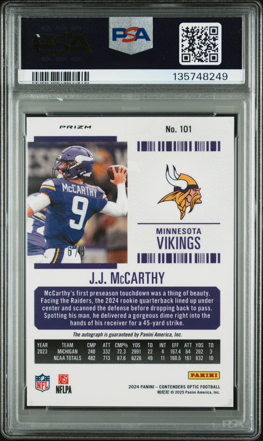 2024 Contenders Optic- J.J. McCarthy-Black Pulsar Rookie Ticket /8-PSA 9 AUTO 10