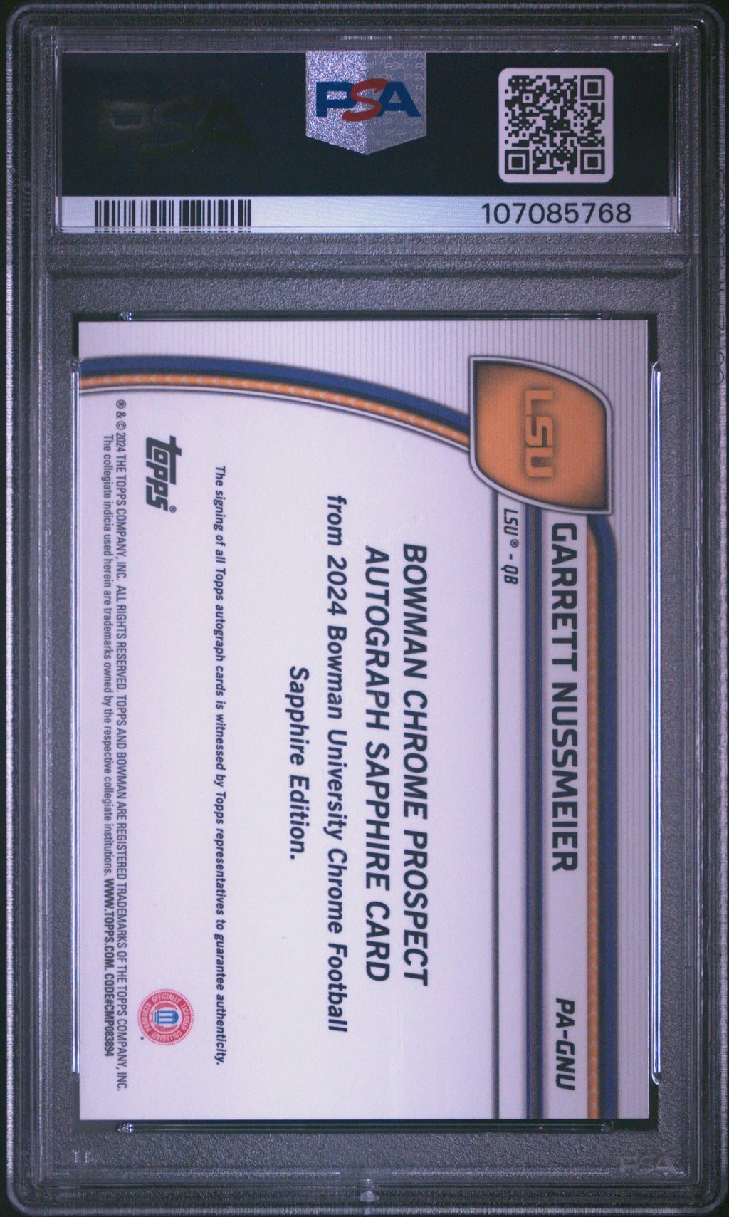 2024 Bowman Sapphire - Garrett Nussmeier - Auto - PSA 10 - GEM Mint - #PAGNU