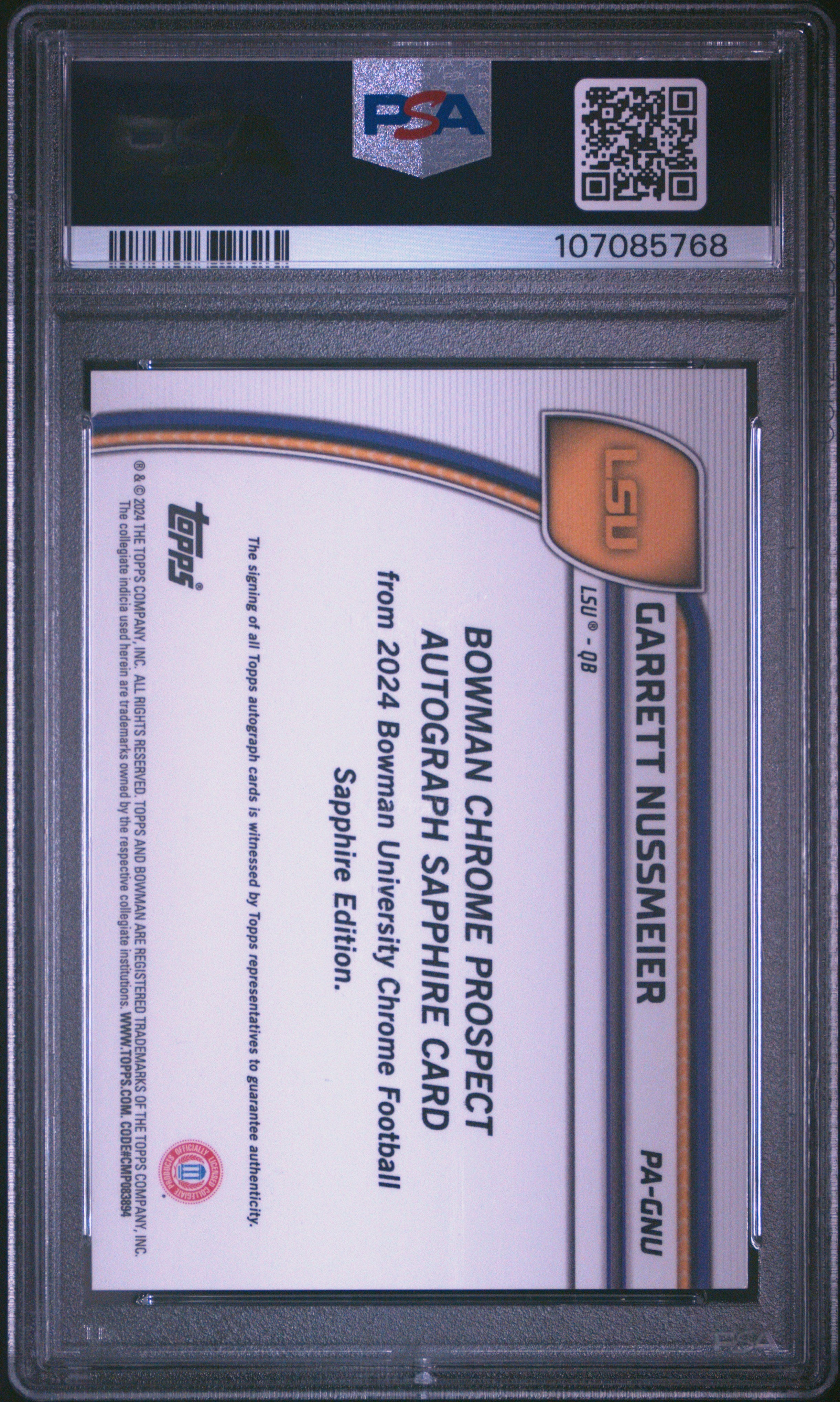 2024 Bowman Sapphire - Garrett Nussmeier - Auto - PSA 10 - GEM Mint - #PAGNU