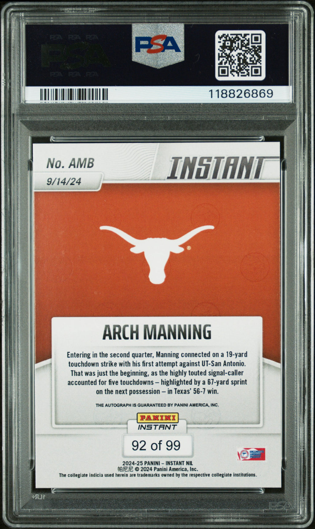 2024 Panini Instant NIL - Arch Manning - Autograph - #AMB - PSA 10 - GEM MINT