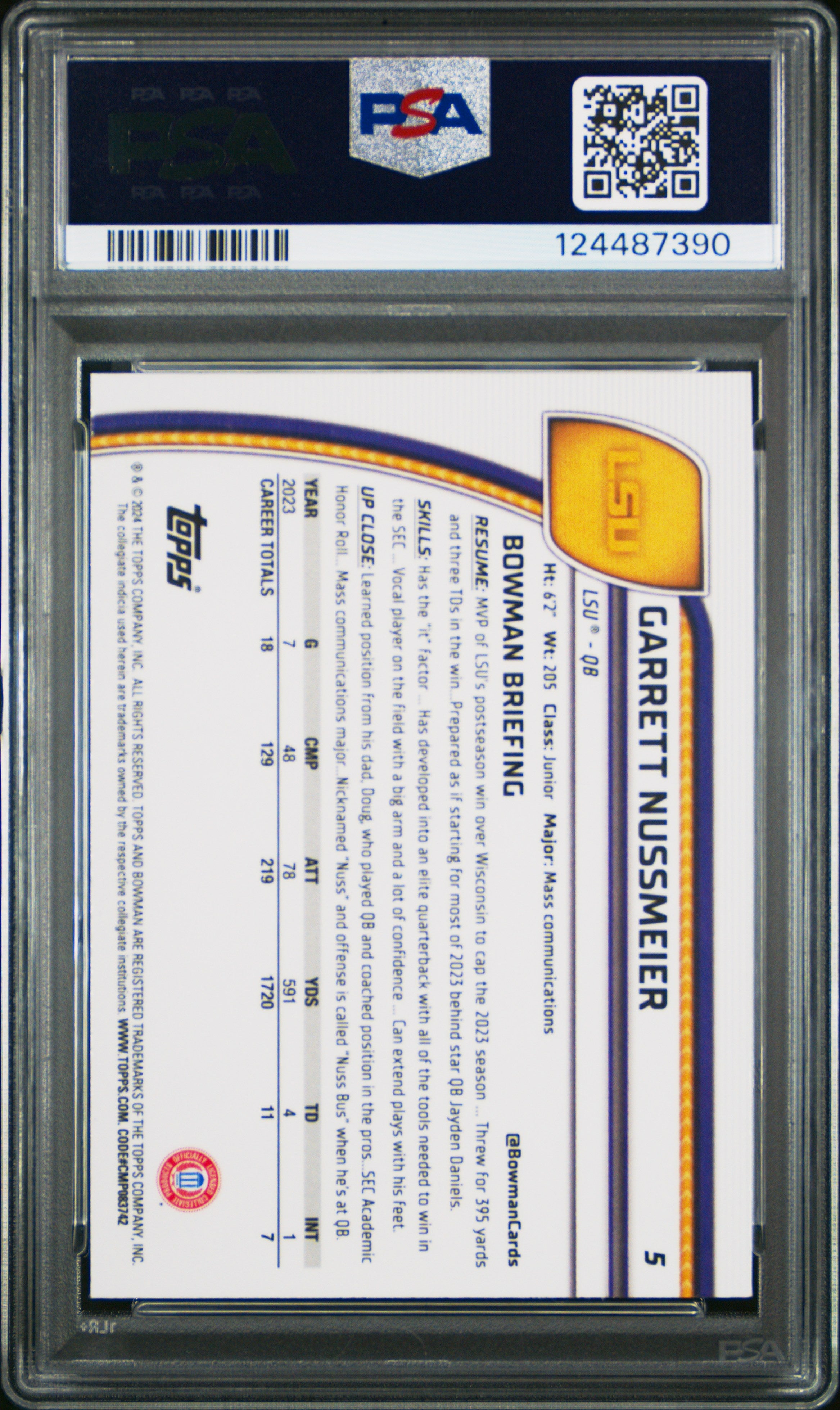 2024 Bowman Sapphire -  Garrett Nussmeier - Bowman 1st - #5 - PSA 10 - GEM MINT