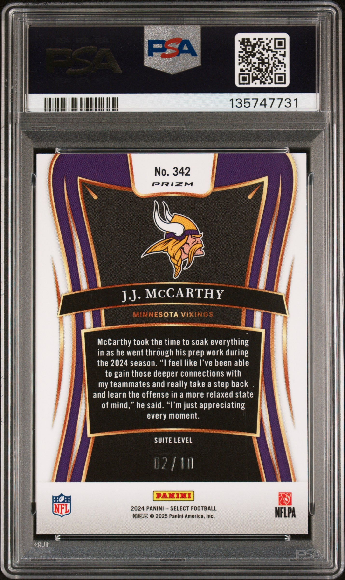 2024 Select - J.J. McCarthy - Gold Disco /10 -#342- RC Rookie - PSA 10 GEM MINT