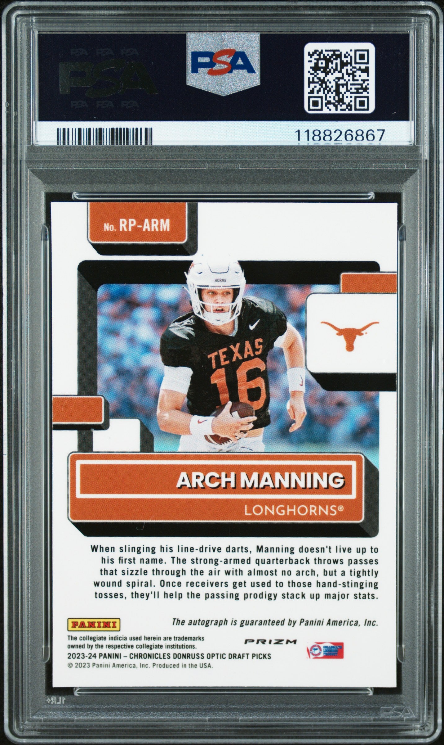 2023 National Treasures Optic - Arch Manning - Rated Rookie Auto -#RPARM -PSA 9