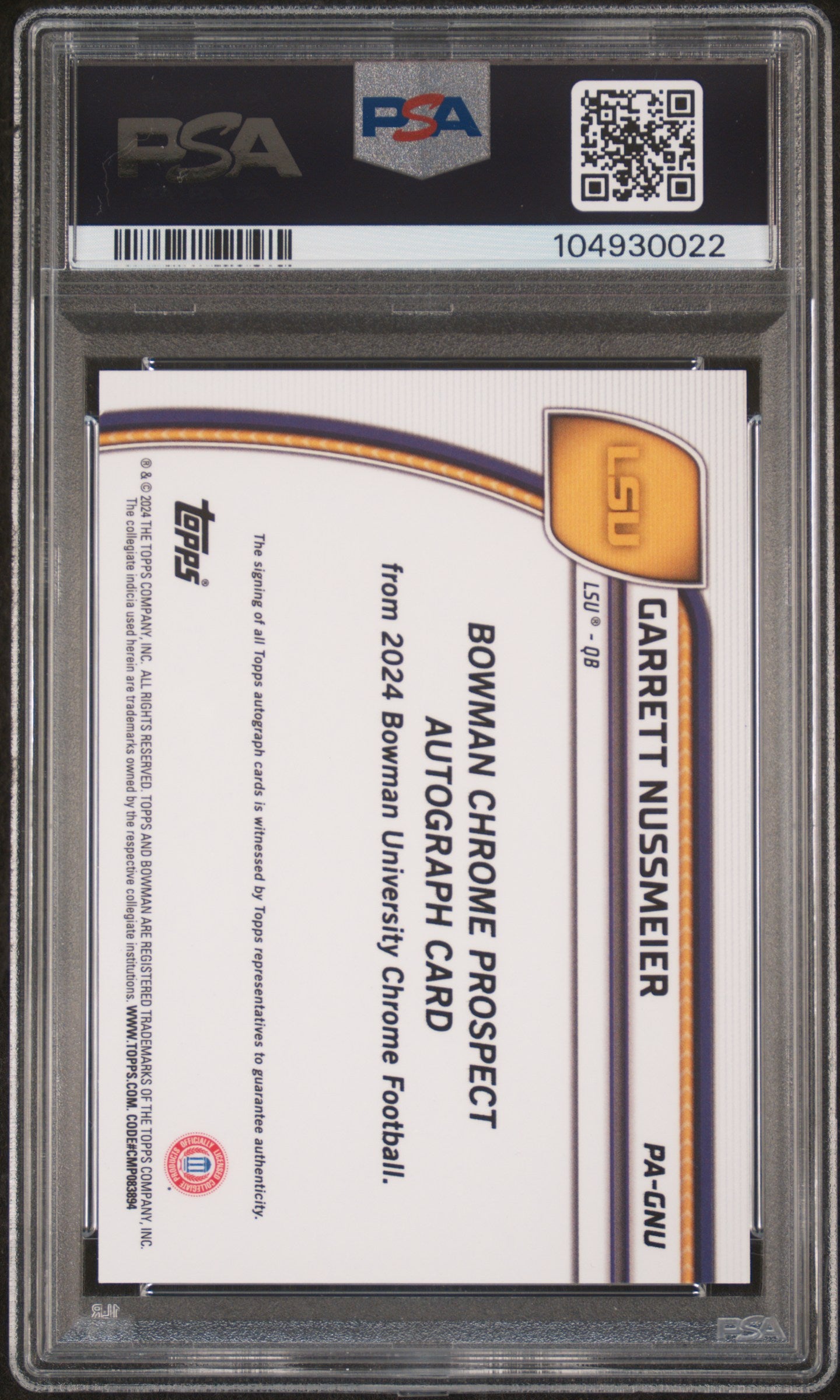 2024 Bowman Chrome - Garrett Nussmeier - Gold Shimmer 7/50 - PSA 10 - #PAGNU