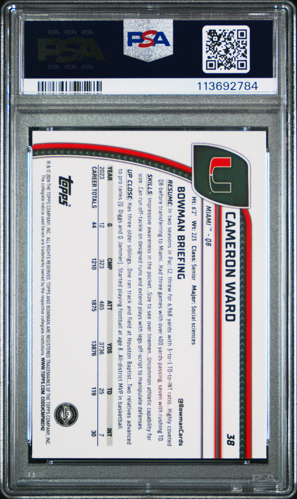 2024 Bowman Sapphire - Cameron Ward - PSA 10 - #38 - GEM MINT