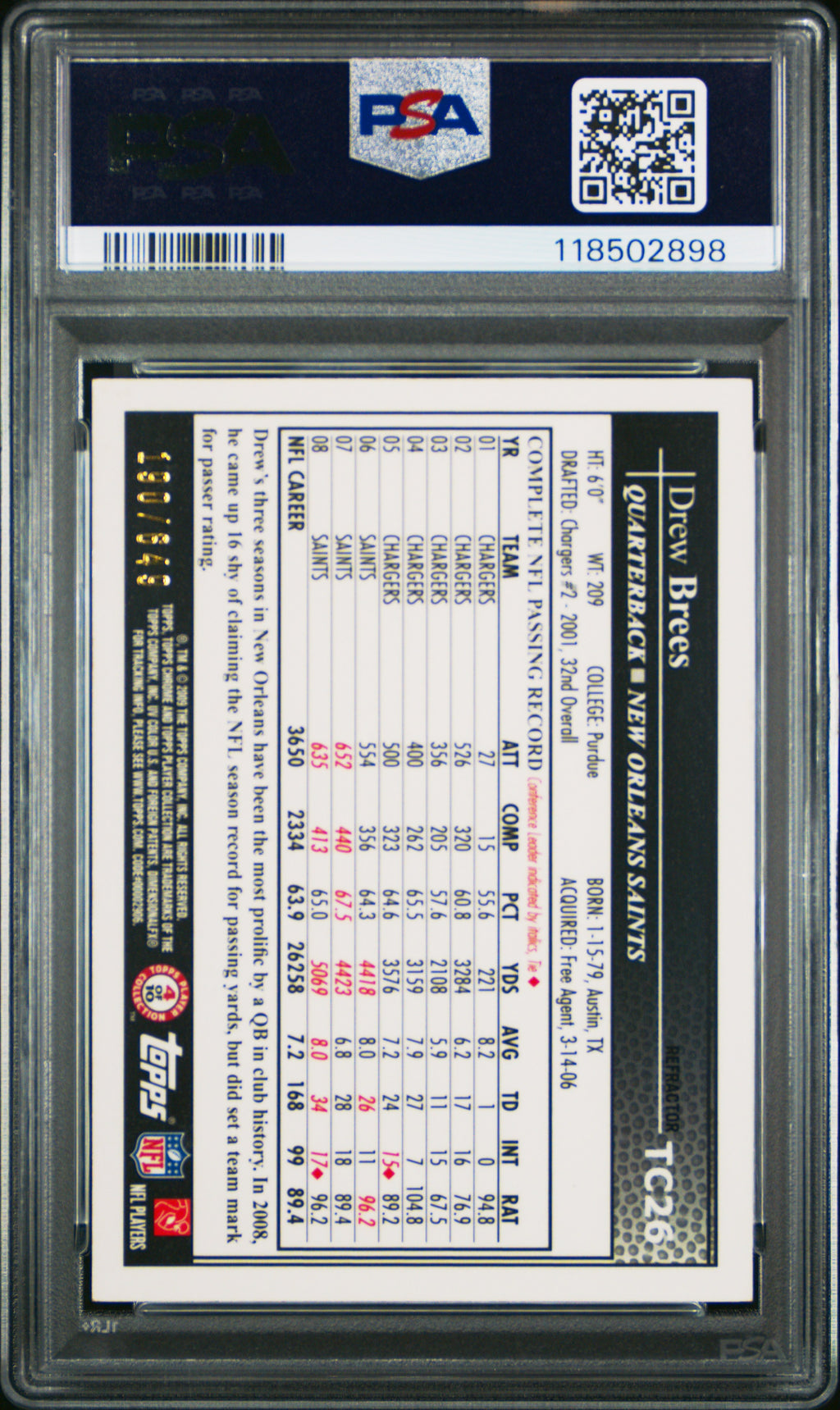 2009 Topps Chrome - Drew Brees - Copper Refractor - #TC26 - PSA 8