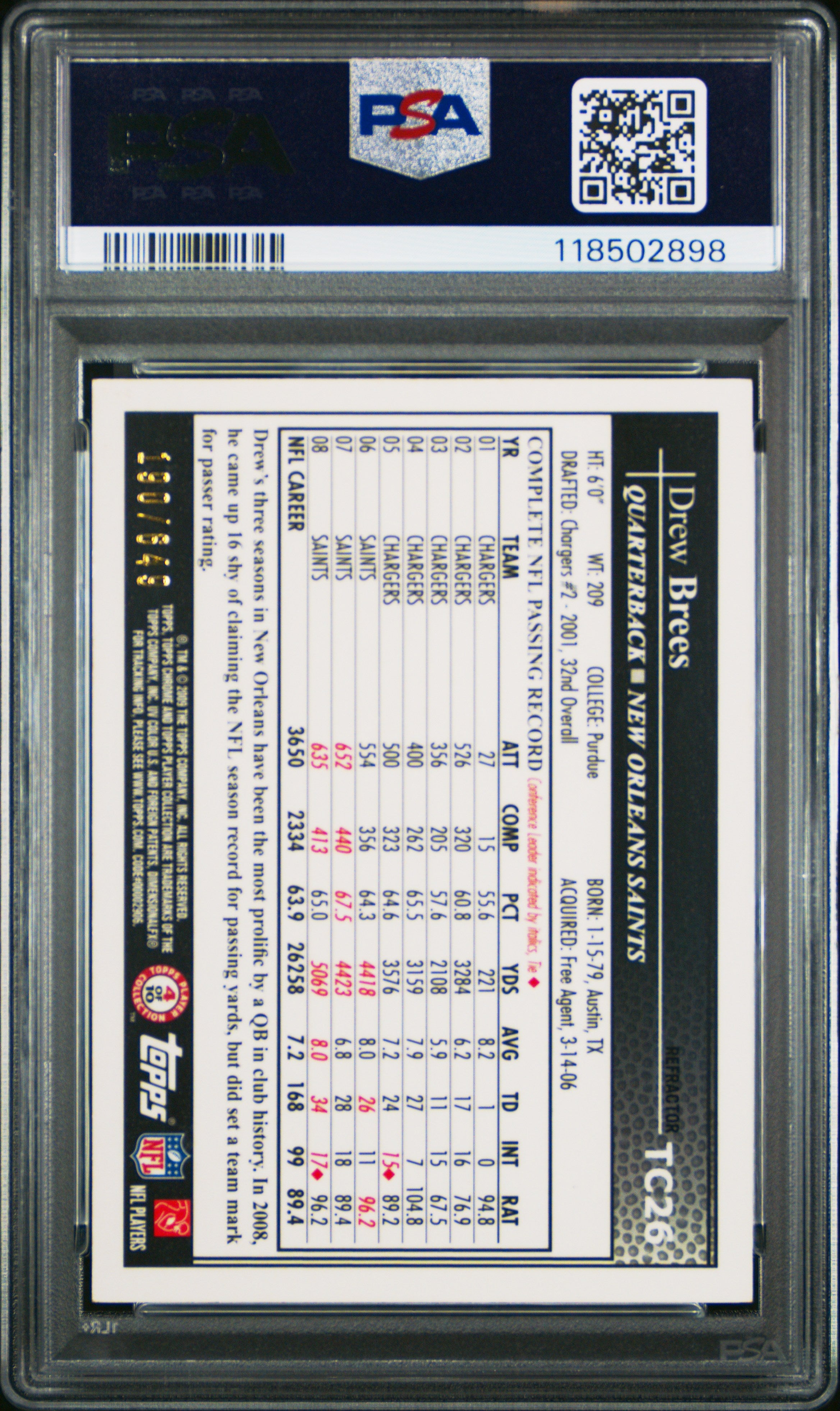 2009 Topps Chrome - Drew Brees - Copper Refractor - #TC26 - PSA 8