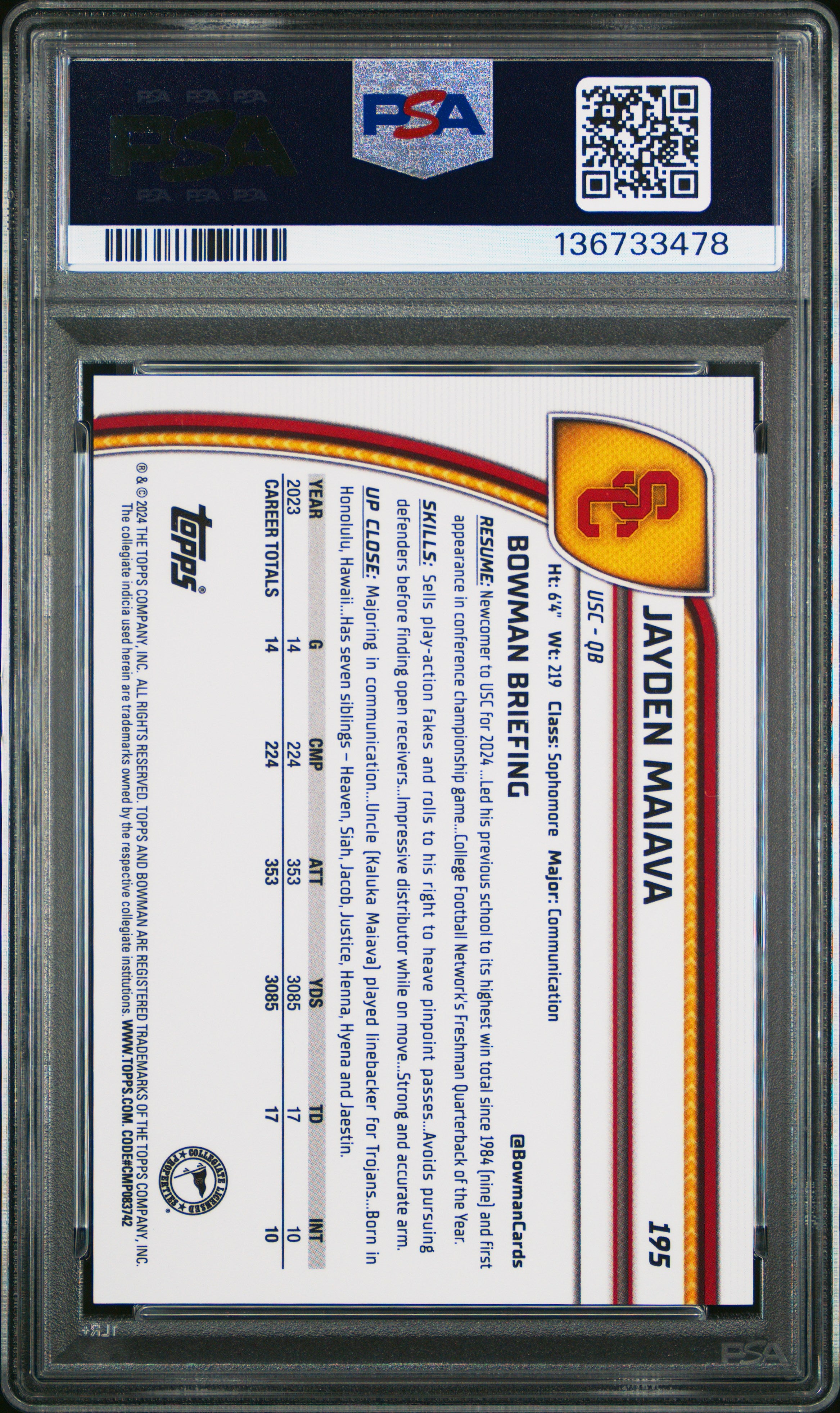 2024 Bowman Sapphire - Jayden Maiava - Yellow Refractor /75 - PSA 10 GEM MINT