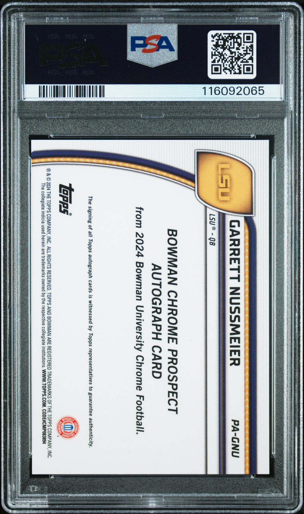 2024 Bowman Chrome - Garrett Nussmeier - Prospect Auto - 1st - PSA 10 - GEM MINT