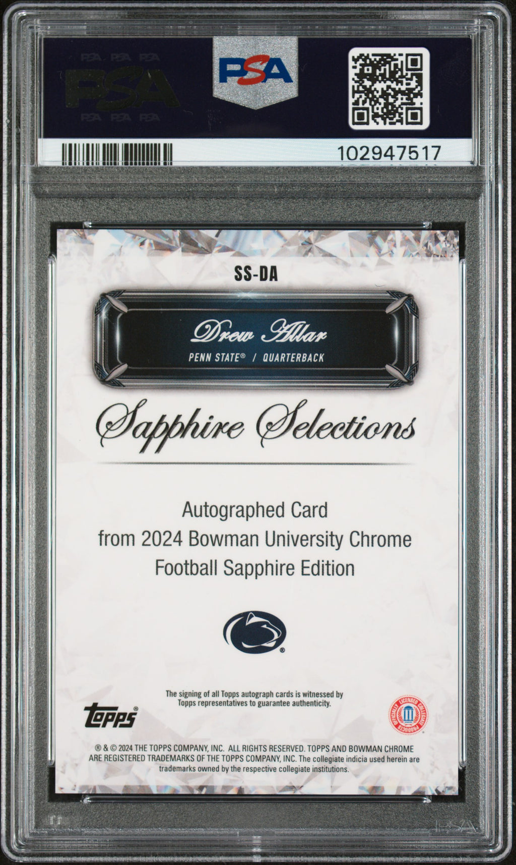 2024 Bowman Sapphire - Drew Allar - Selections Signatures Orange 22/25 - #SSDA