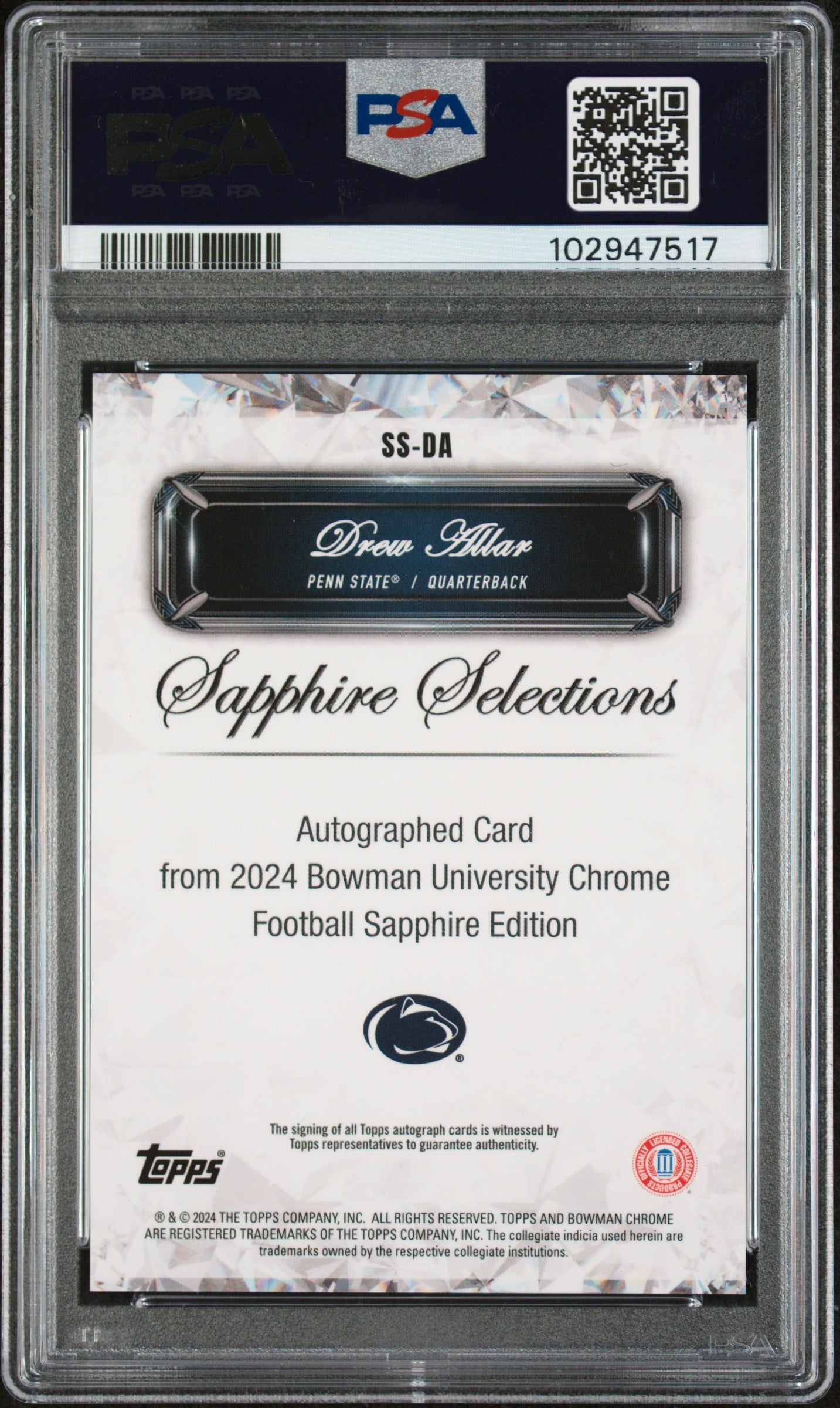 2024 Bowman Sapphire - Drew Allar - Selections Signatures Orange 22/25 - #SSDA