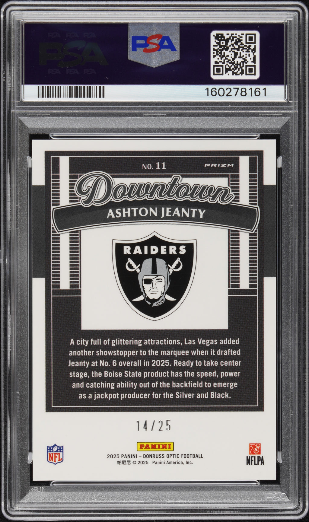 2025  Donruss Optic Downtown Ashton Jeanty Black Pandora /25 #11 PSA 10