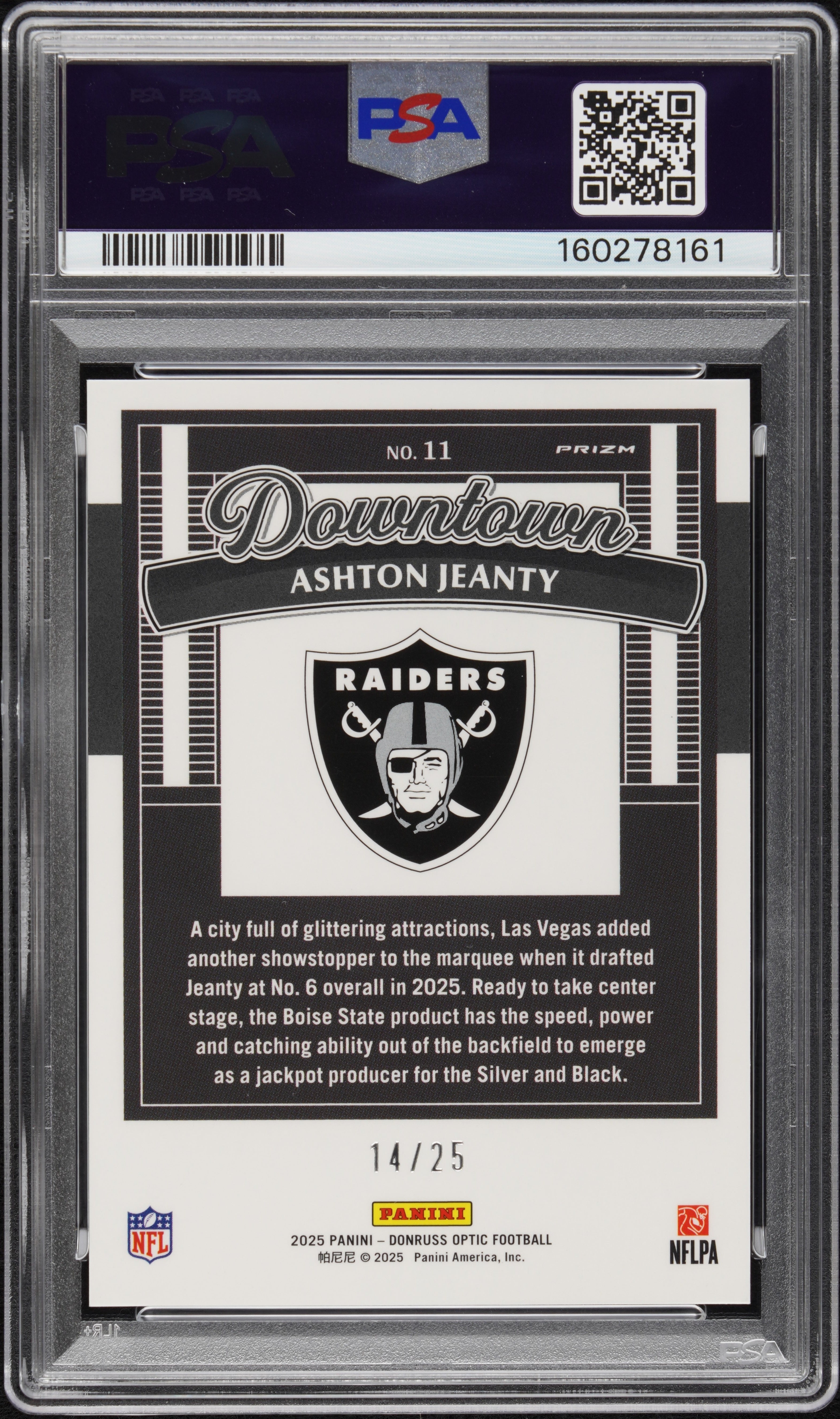 2025  Donruss Optic Downtown Ashton Jeanty Black Pandora /25 #11 PSA 10