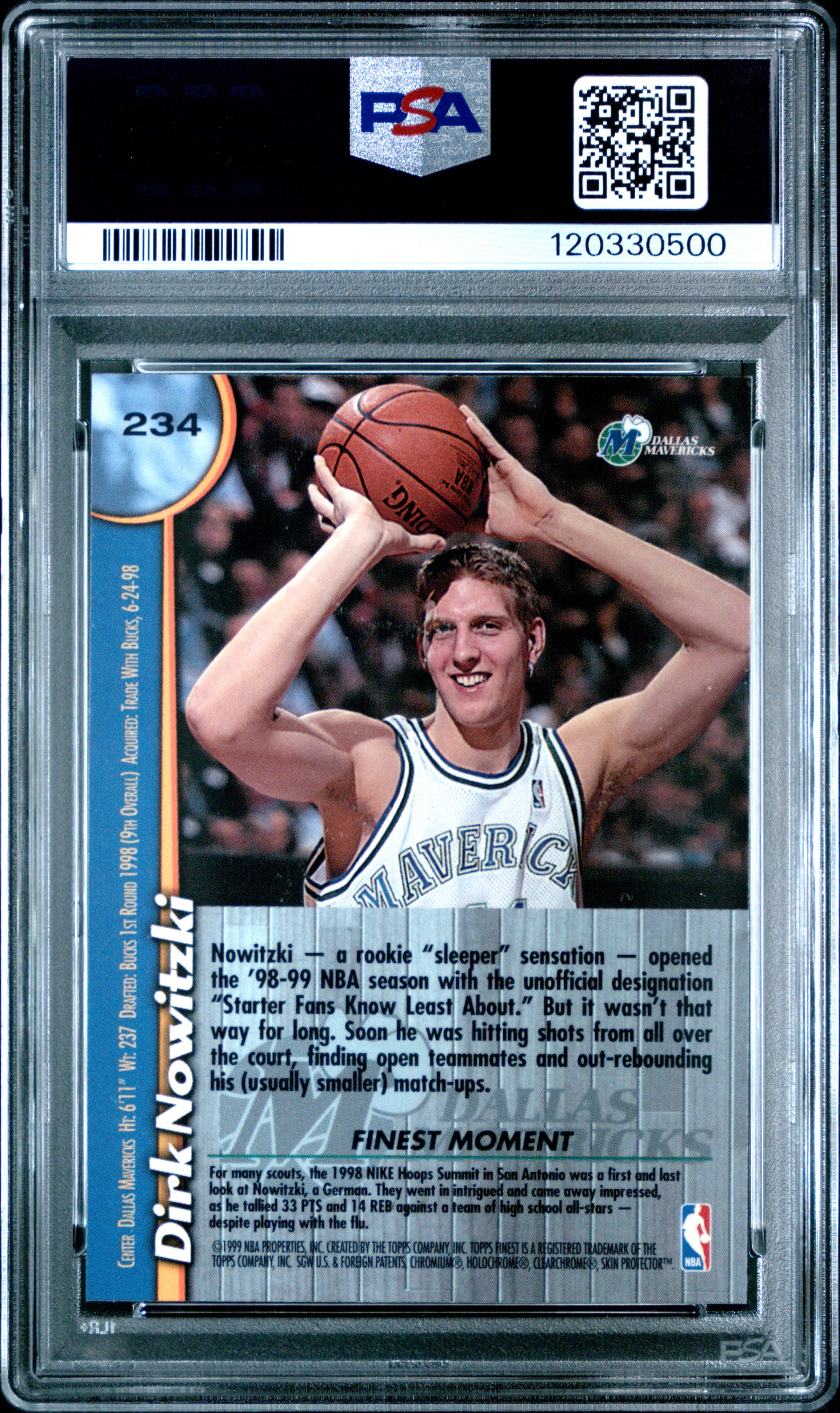 1998 Topps Finest - Dirk Nowitzki w/ Coating - RC Rookie - #234 - PSA 9