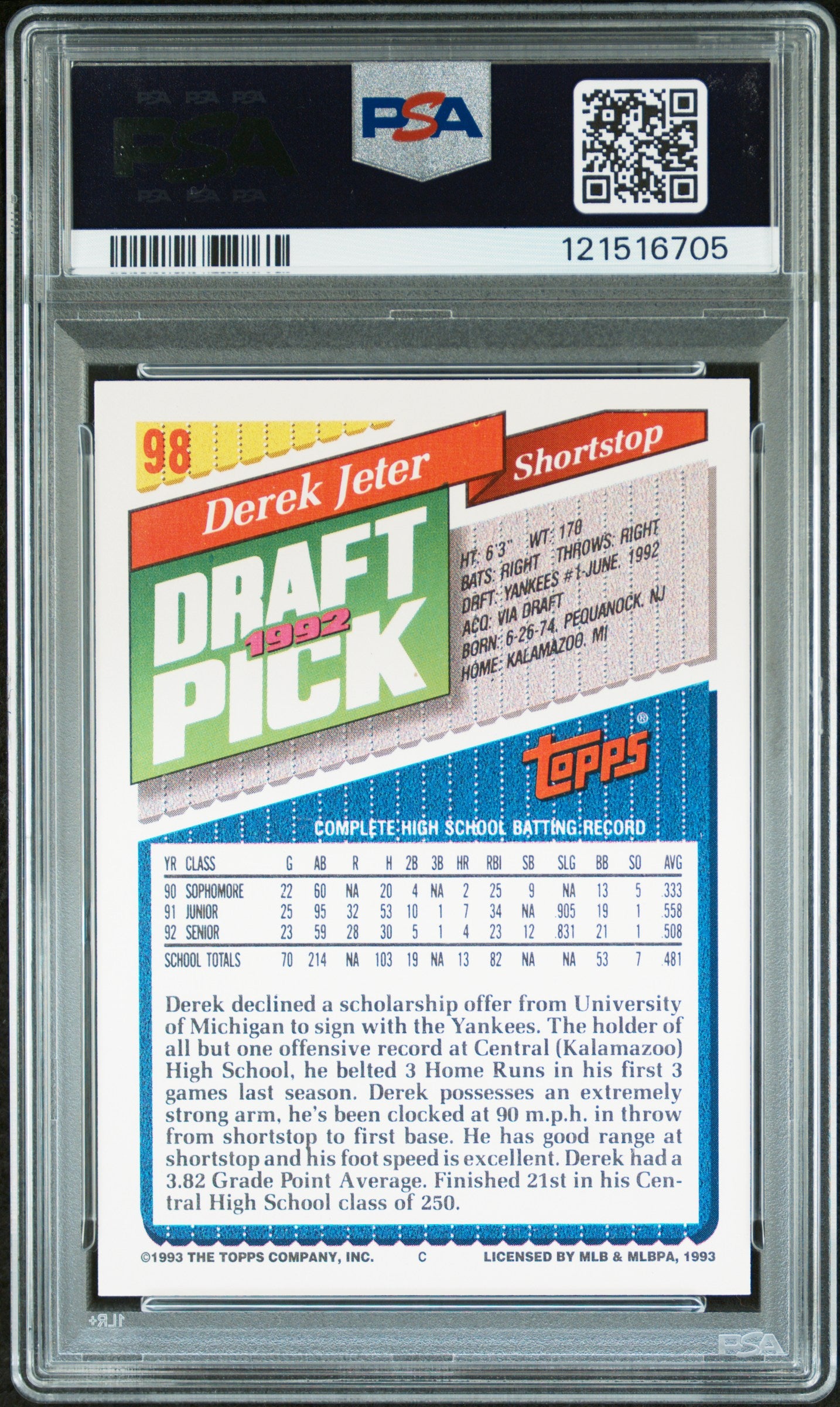 1993 Topps - Derek Jeter - #98 - RC Rookie - PSA 9