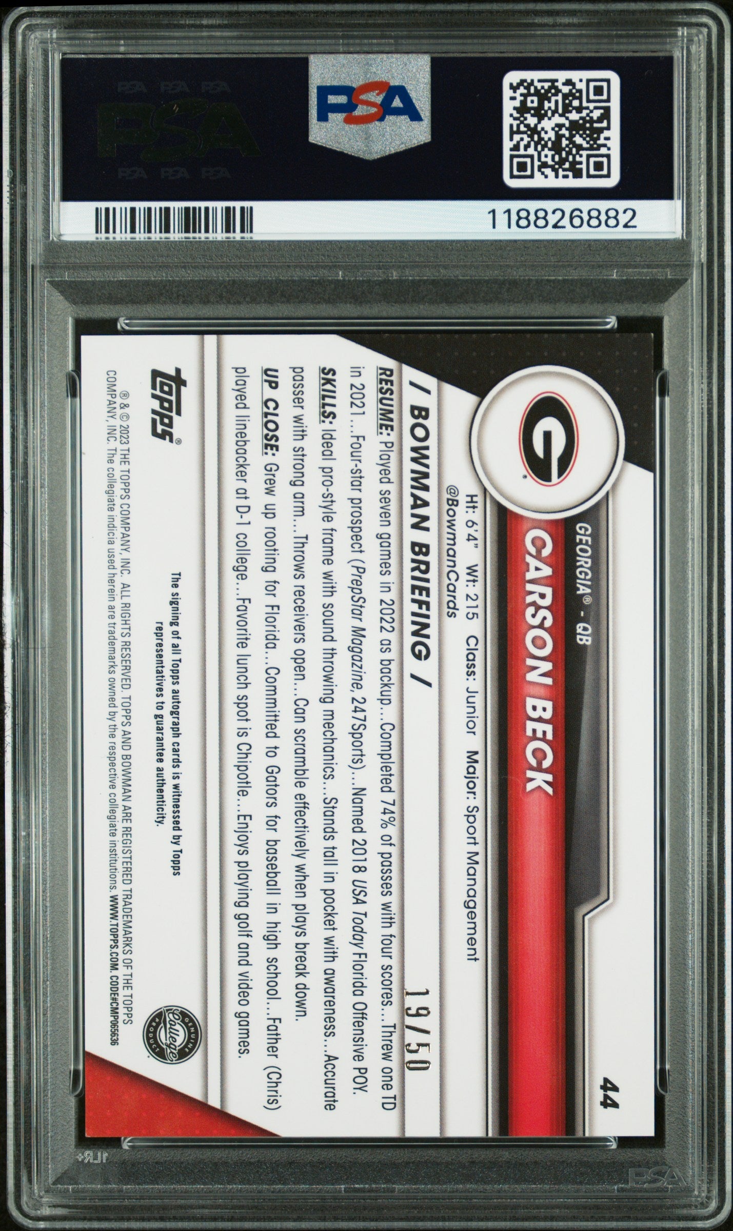 2023 Bowman Chrome - Carson Beck - Gold Refractor Auto - #44 - PSA 9 Auto 10