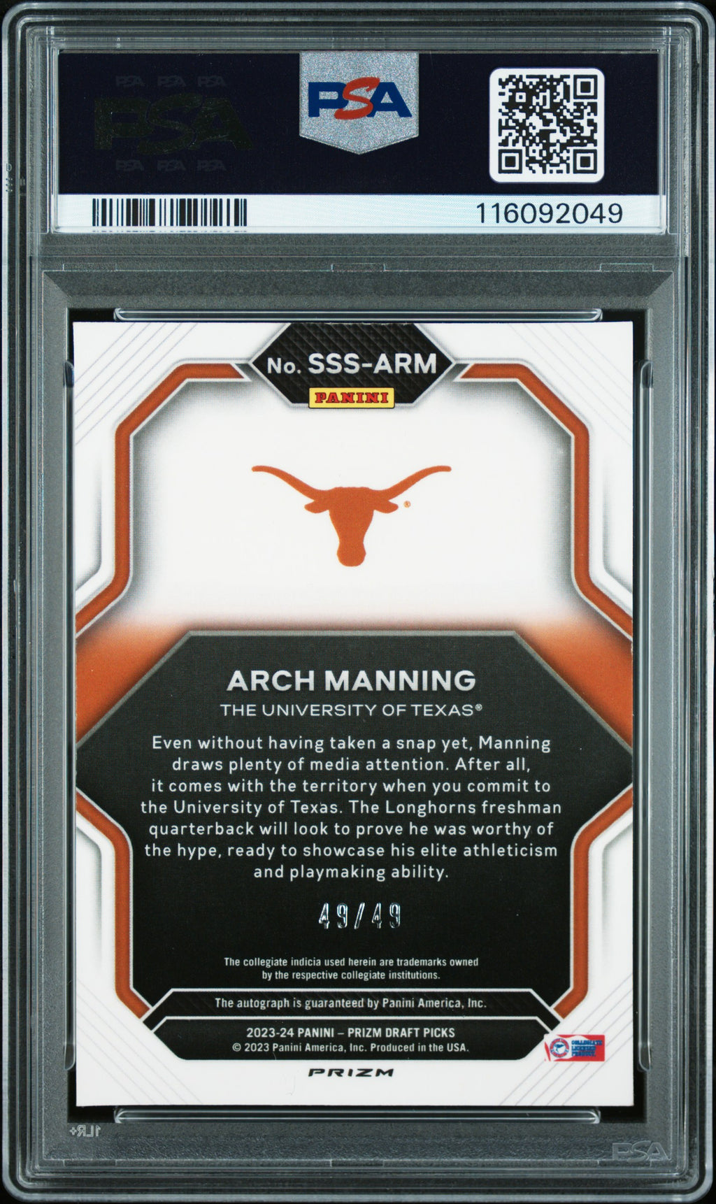2023 Prizm Draft Picks -  Arch Manning - Sat. Star Auto Burnt Orange /49 -PSA 8