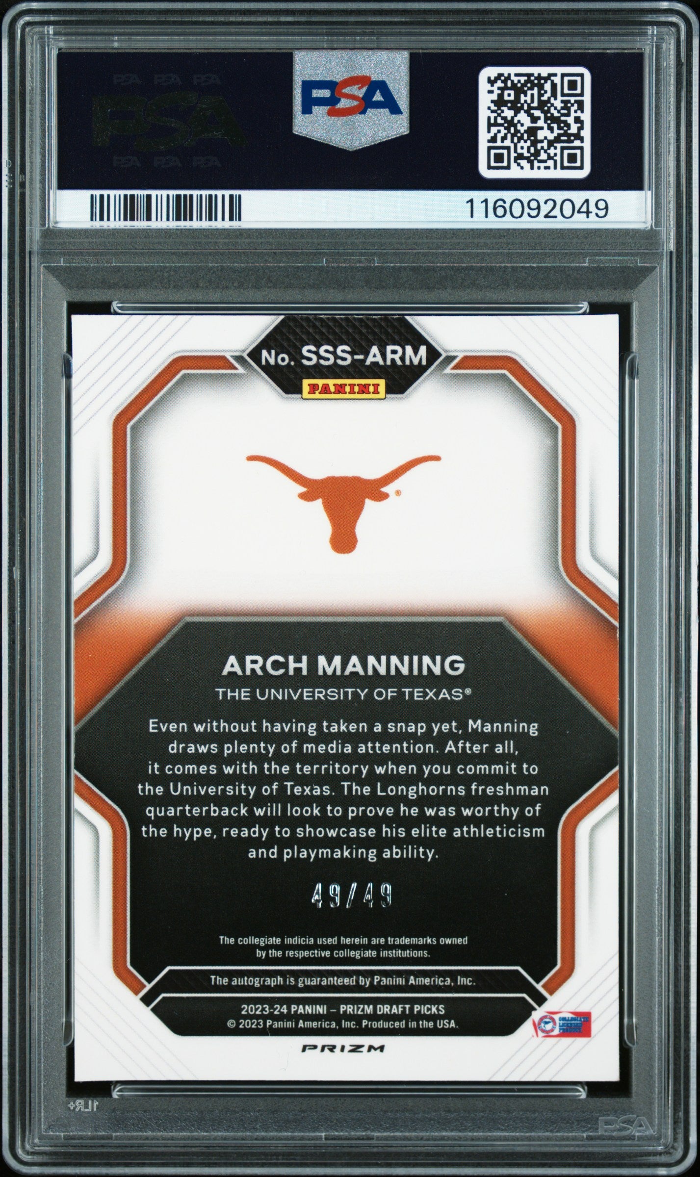 2023 Prizm Draft Picks -  Arch Manning - Sat. Star Auto Burnt Orange /49 -PSA 8