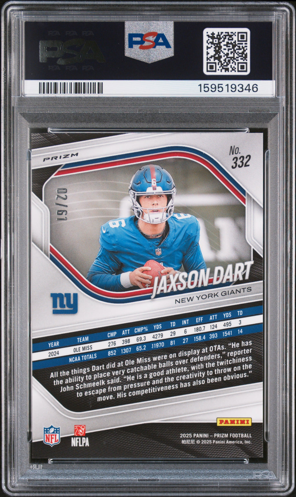 2025 Panini Prizm Jaxson Dart Kangaroo 2/61 #332 PSA 10