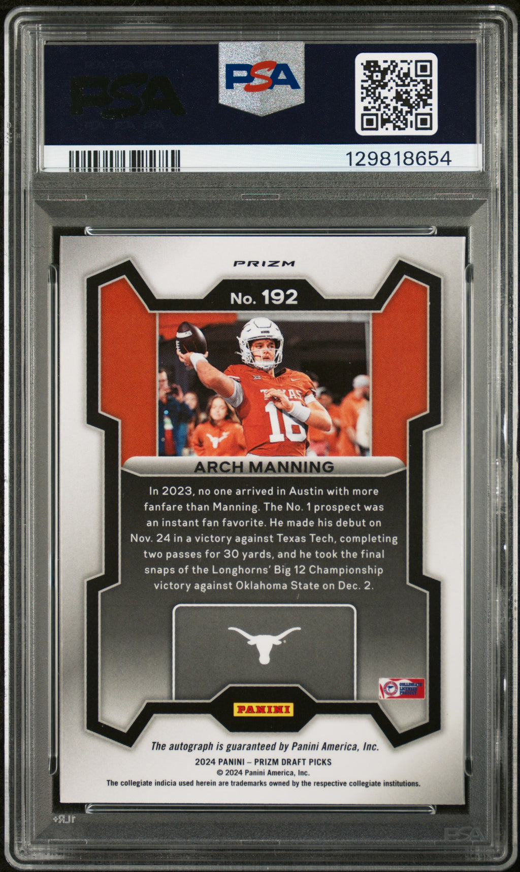 2024 Prizm Draft Picks - Arch Manning - Silver Auto #192 - PSA 9 Auto 9