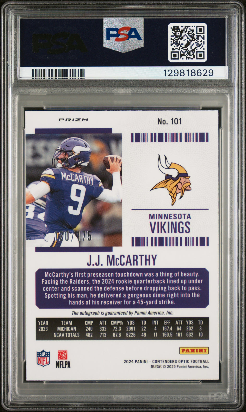 2024 Contenders Optic - JJ McCarthy - Red Prizm Auto #101 - PSA 9 Auto 9