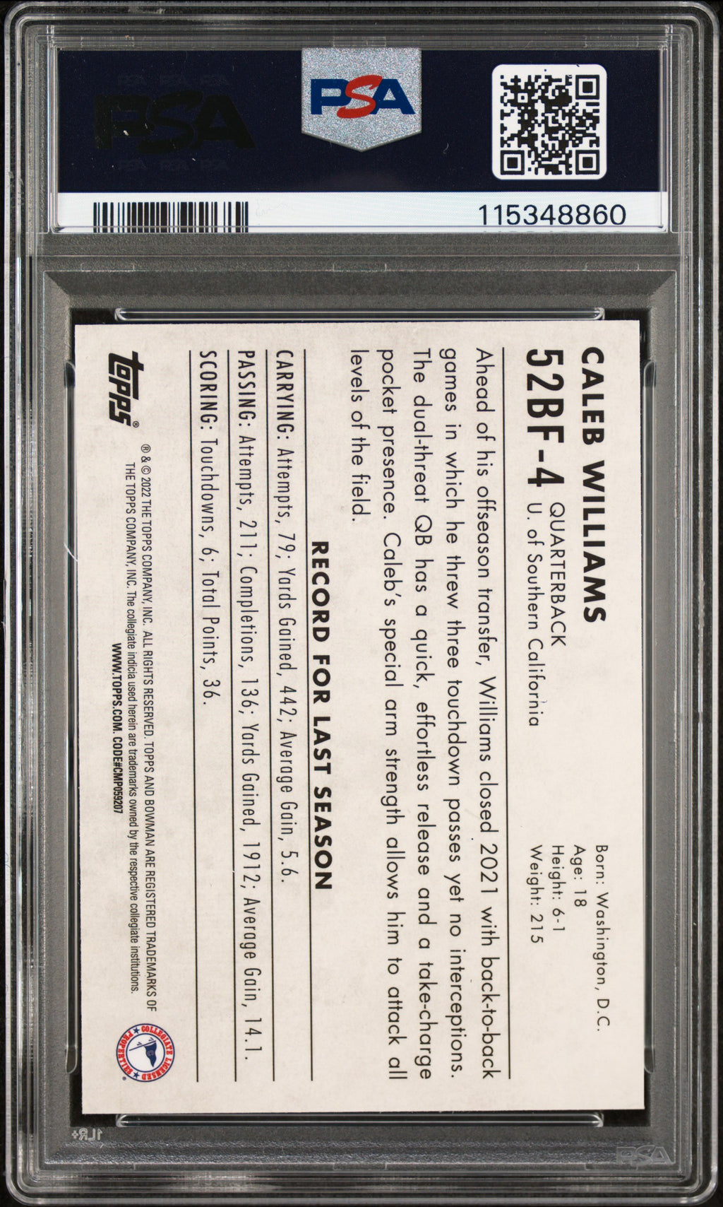 2022 Bowman University 1952 Bowman Caleb Williams #52BF4 PSA 9