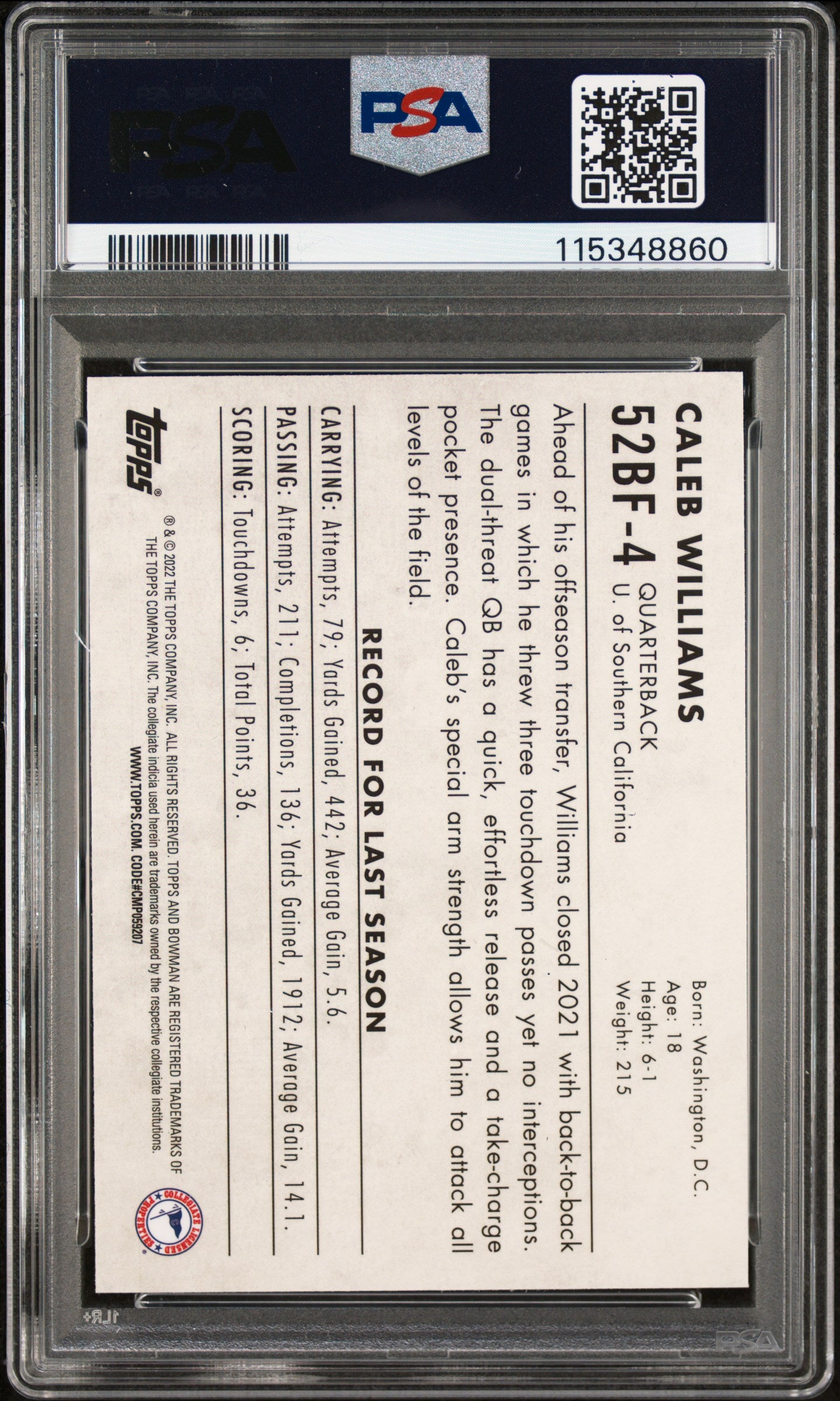 2022 Bowman University 1952 Bowman Caleb Williams #52BF4 PSA 9